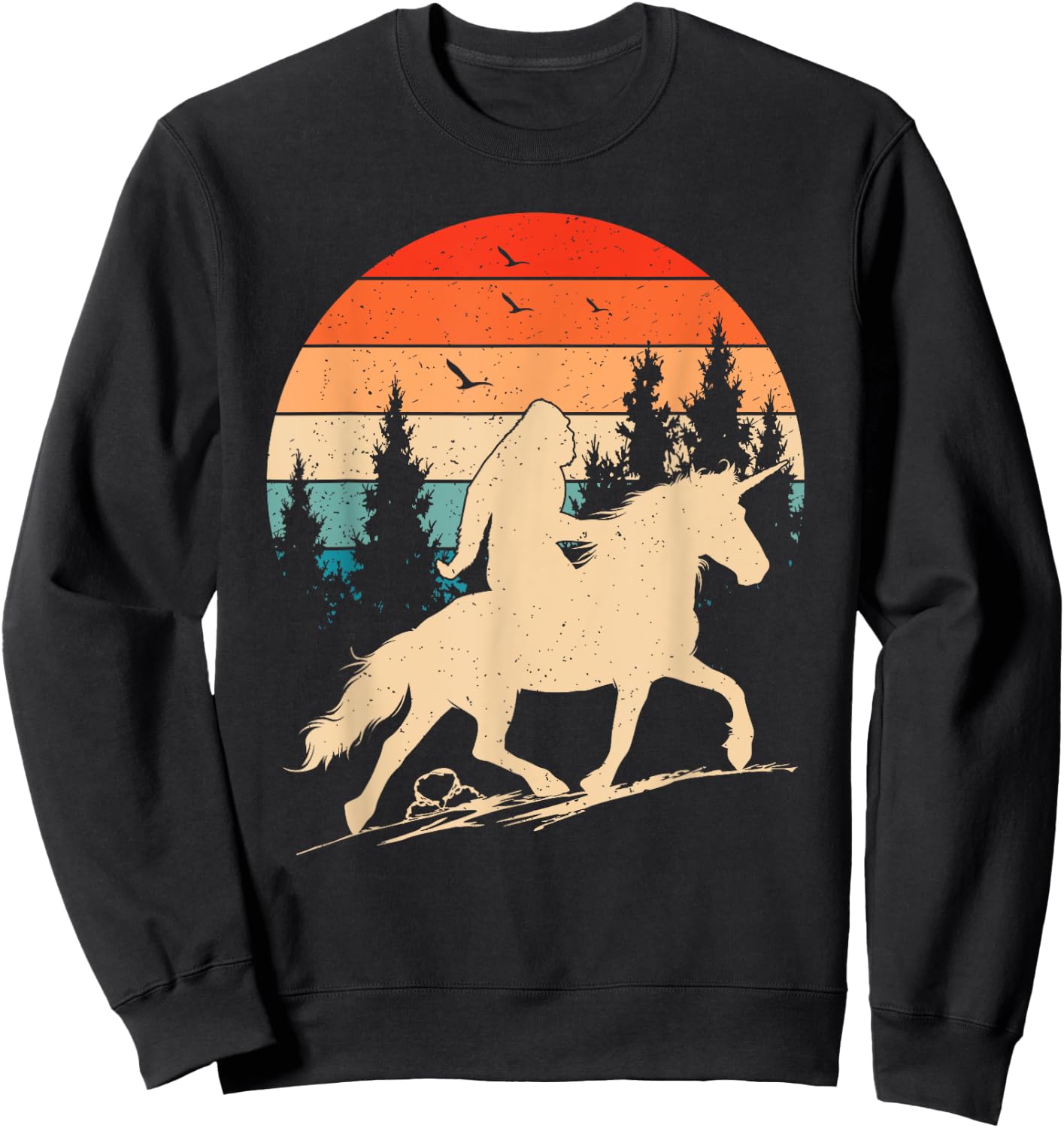 Bigfoot Riding Unicorn! Funny Sasquatch Unicorn Retro Sunset Sweatshirt - Sweatshirt | Black