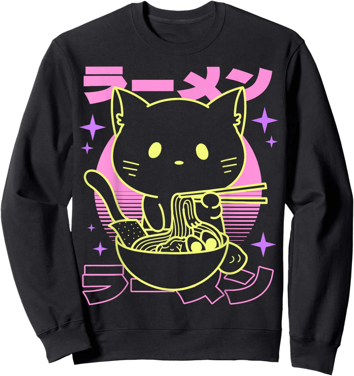 Anime Ramen Cat Japanese Retro Noodles Aesthetic Kawaii Cat Sweatshirt - Sweatshirt | Black