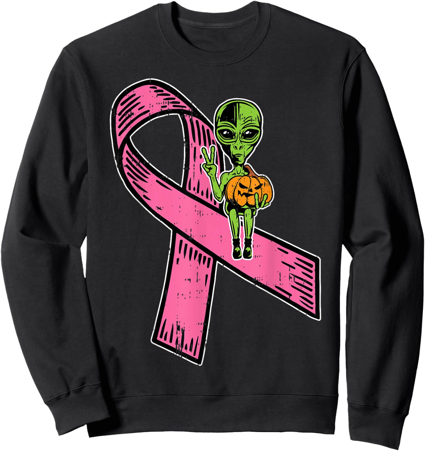 Pink Ribbon Alien Pumpkin Cool Halloween Breast Cancer Gifts Sweatshirt - Sweatshirt | Black