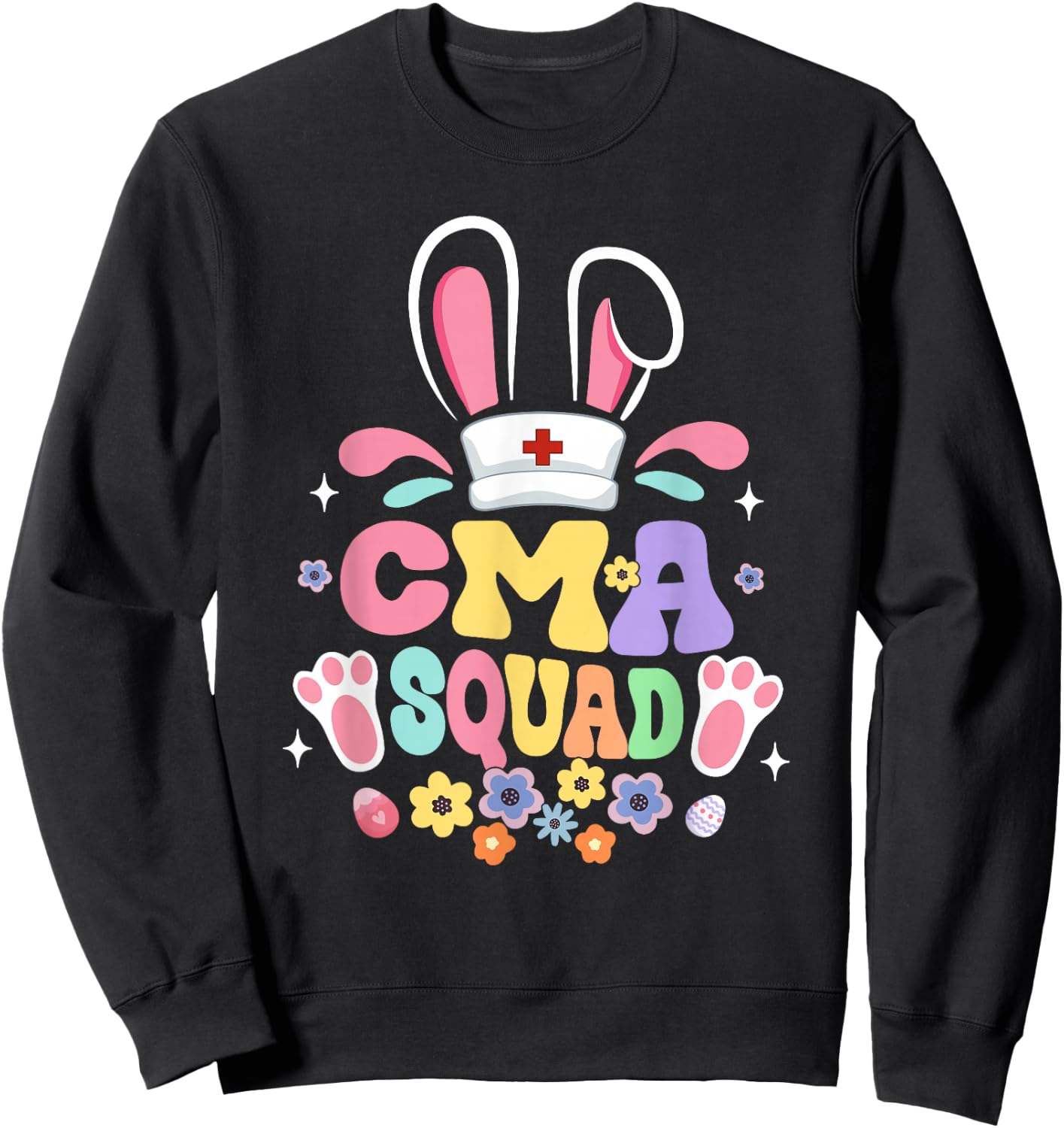 Retro Groovy CMA Squad Bunny Ear Flower Easter Sweatshirt - Sweatshirt | Black