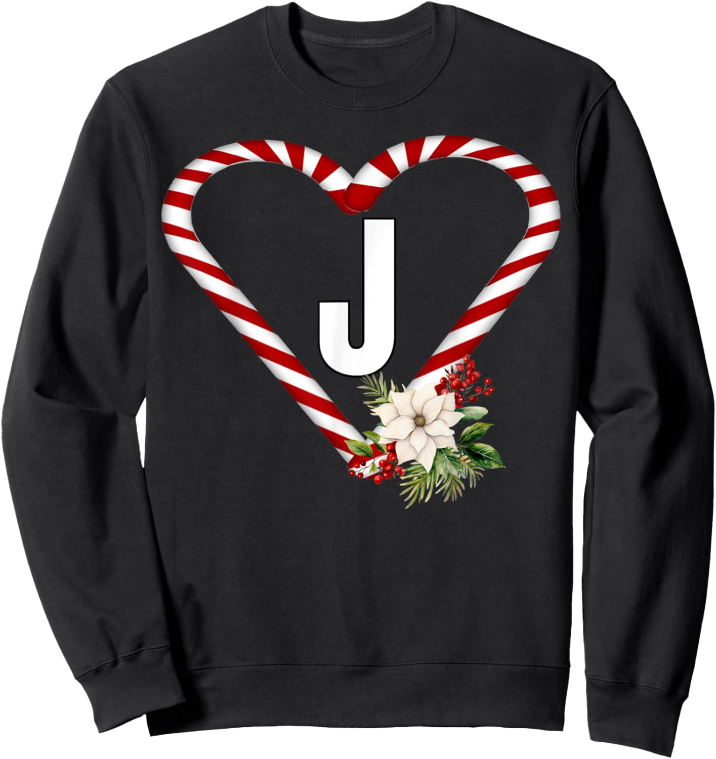 Letter J Christmas Candy Cane Holiday Novelty Christmas Sweatshirt - Sweatshirt | Black