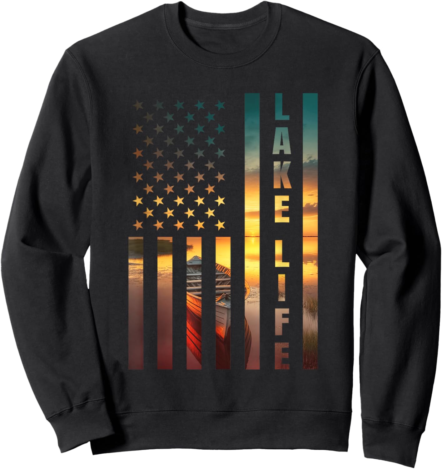 Lake Life Fisherman Sunset American Flag Bass Fishing Boat Sweatshirt - Sweatshirt | Black