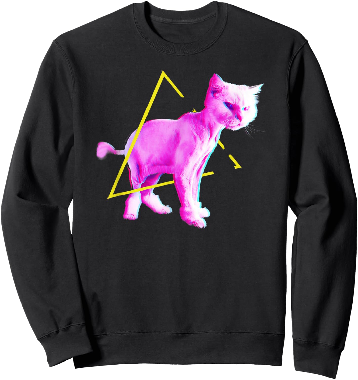 Funny Cat Synthwave Vaporwave Triangle 70s 80s Retrowave Cat Sweatshirt - Sweatshirt | Black