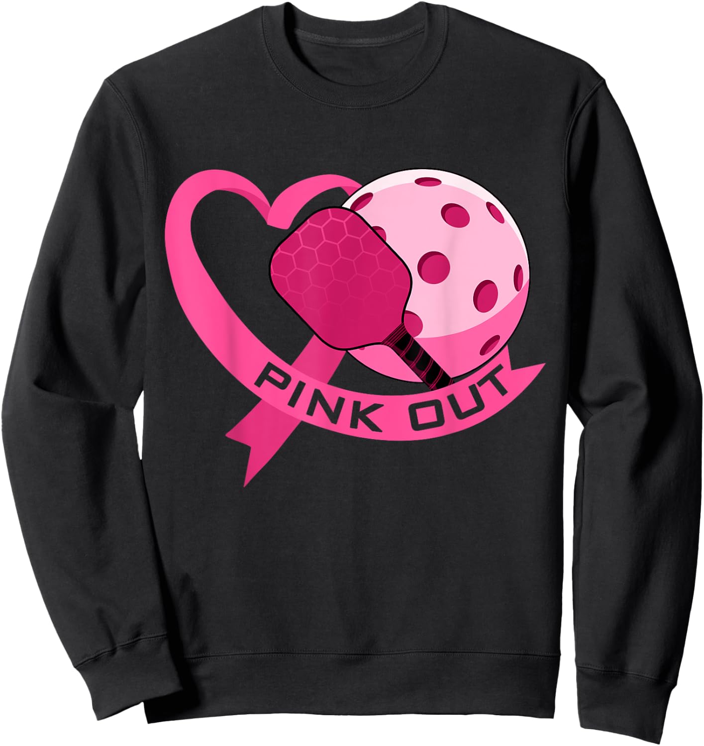 Pink Out Breast Cancer Pink Ribbon Heart & Pickleball Ball Sweatshirt - Sweatshirt | Black