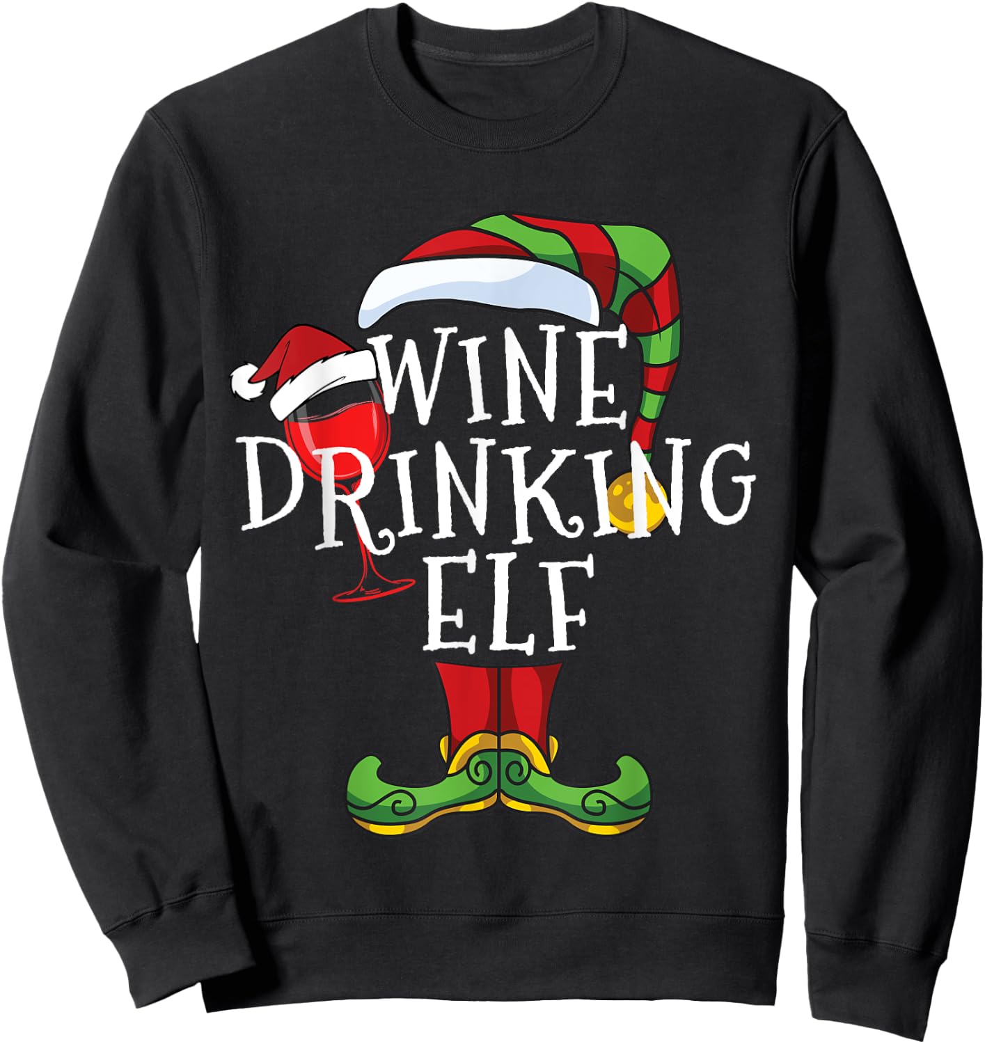 Wine Drinking Elf Lover Family Matching Christmas Funny Sweatshirt - Sweatshirt | Black