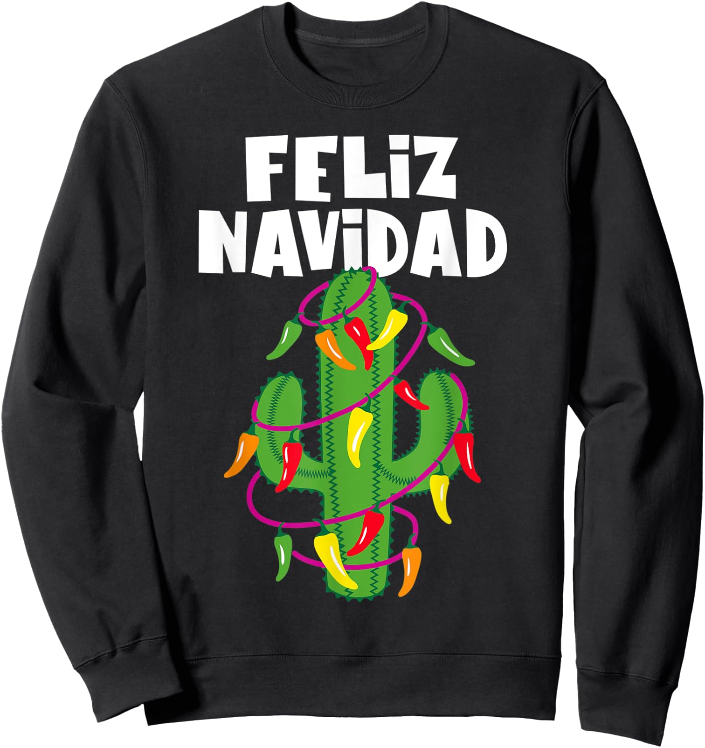 Funny Feliz Navidad Cactus Tree & Lights Spanish Pajama Top Sweatshirt - Sweatshirt | Black