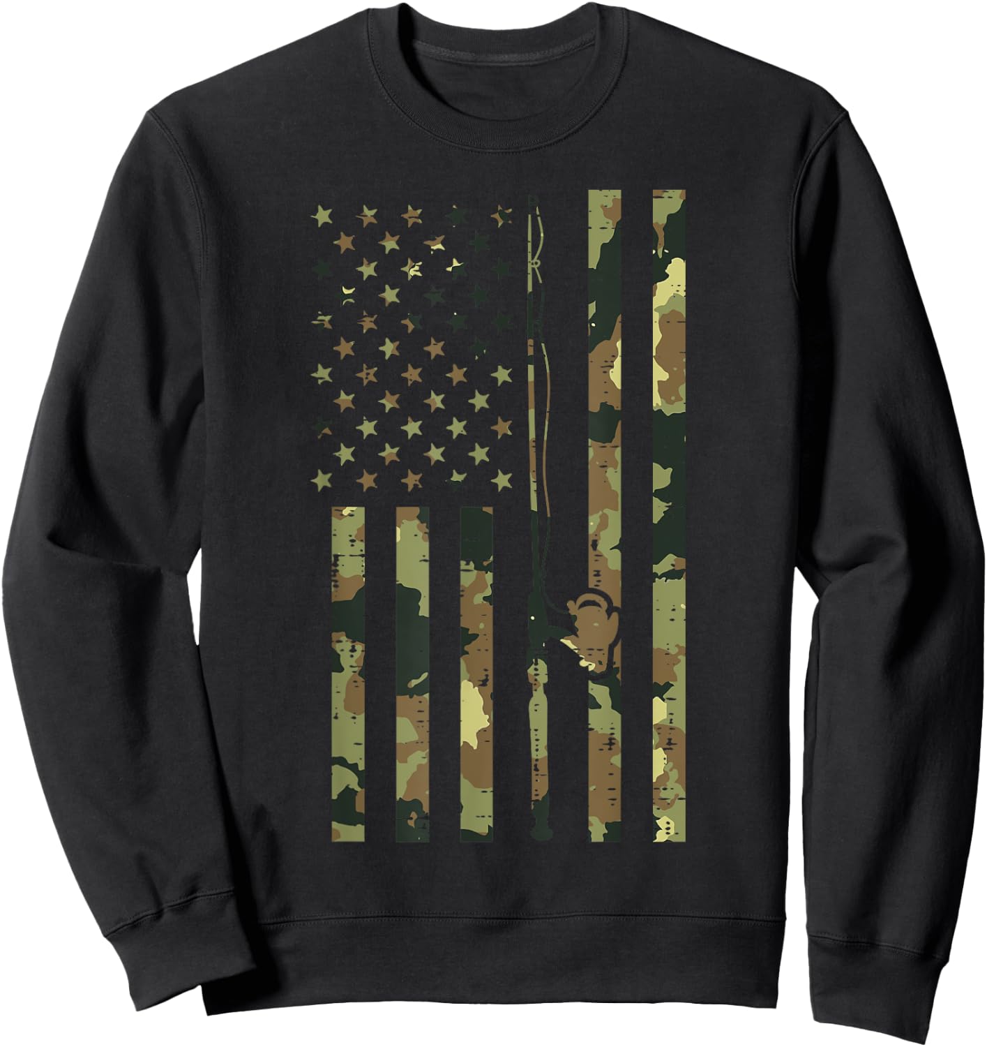 Camo US Flag Fishing Rod Pole Vintage Patriotic Fisherman Sweatshirt - Sweatshirt | Black