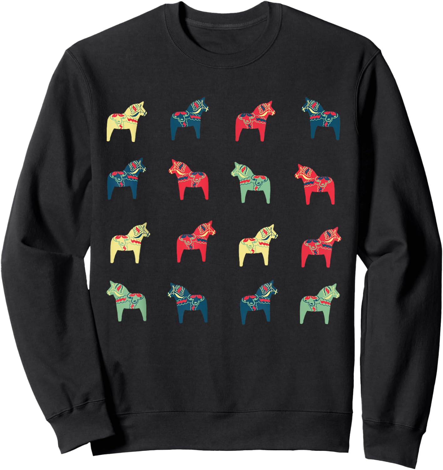 Swedish Dala Horses Dalecarlian Adults Black Small Modern Cartoon Embroidery Short Sleeve Sweatshirt - Sweatshirt | Black