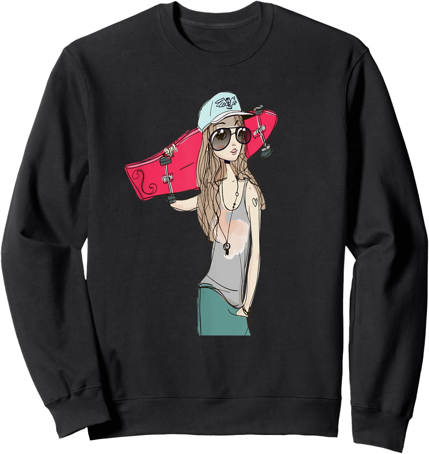 Skaters Having Fun Pro Longboard Skateboard Skater Girl Sweatshirt - Sweatshirt | Black