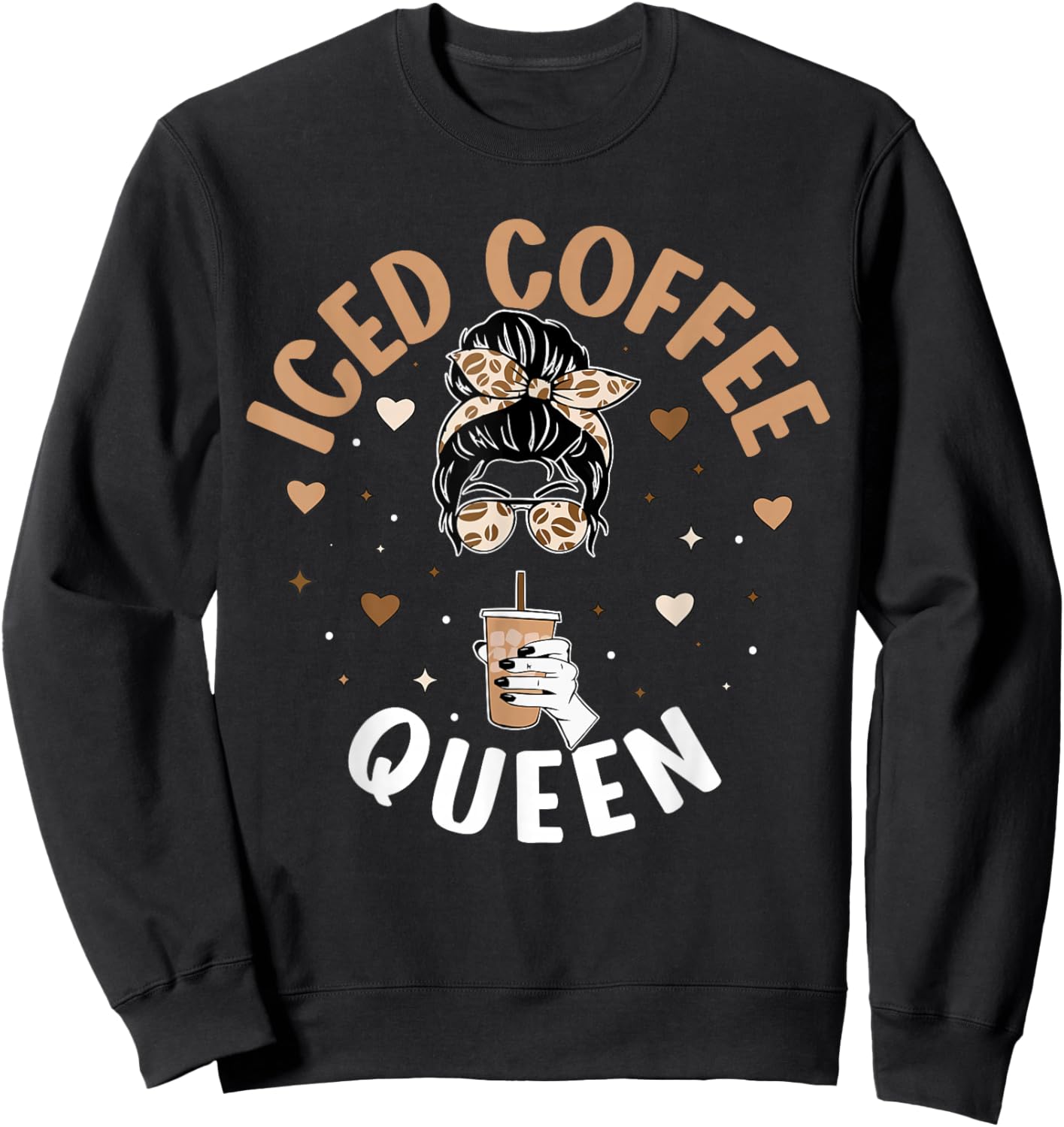 Iced Coffee Queen Women Messy Bun Cold Brew Coffee Quote Sweatshirt - Sweatshirt | Black
