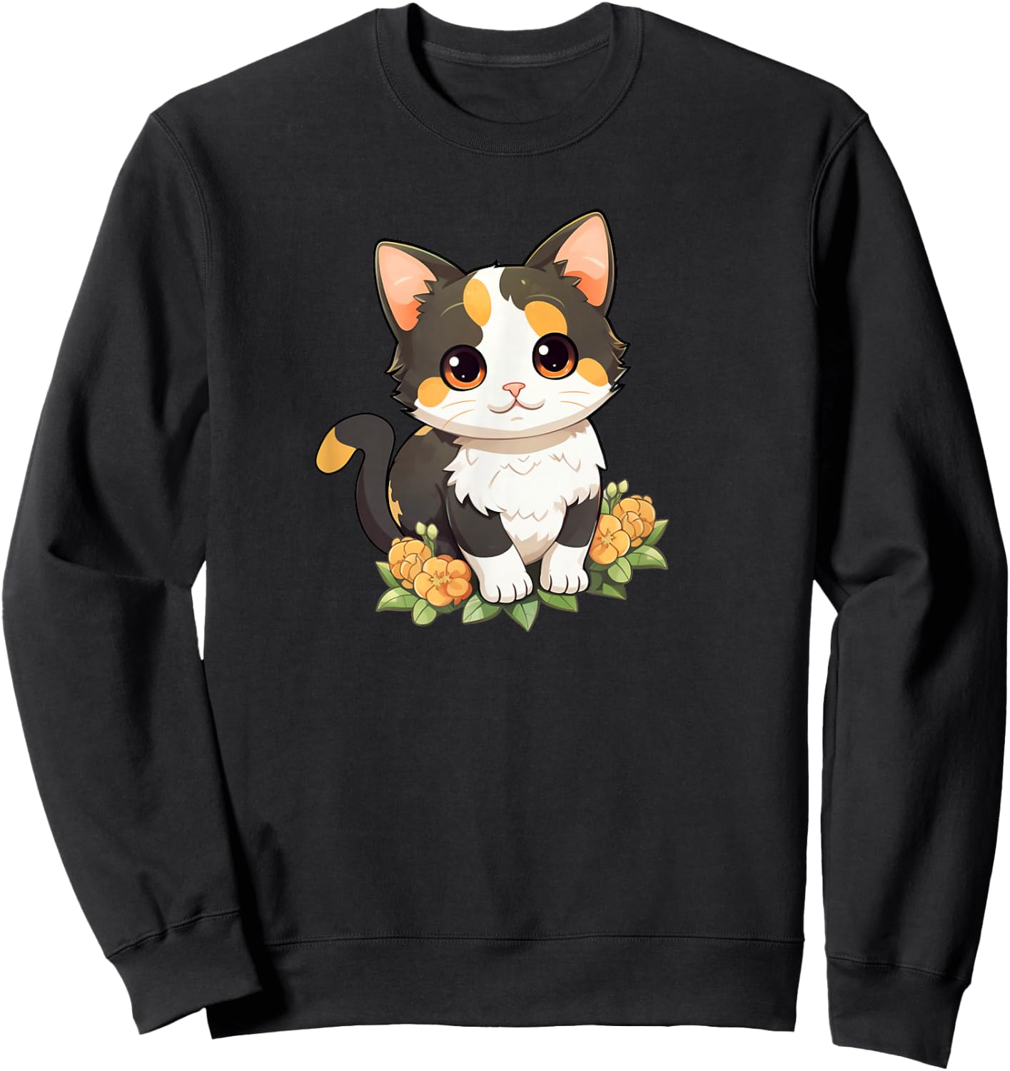 Cute Kawaii Kids Girls Flowers Calico Cat Lover Sweatshirt - Sweatshirt | Black