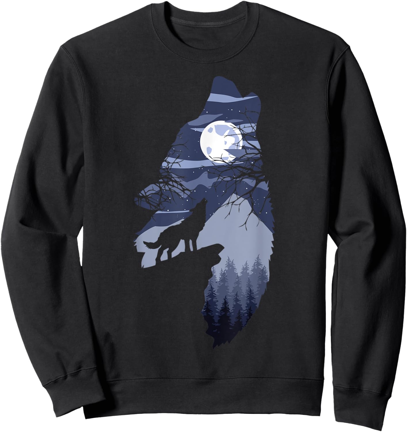 Forest with Full-Moon and Cliff Of Silhouette Howling Wolf Sweatshirt - Sweatshirt | Black