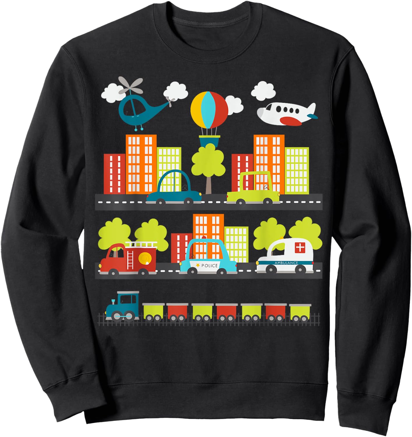 Transportation Trucks Cars Train Plane Emergency Vehicle Boy Sweatshirt - Sweatshirt | Black