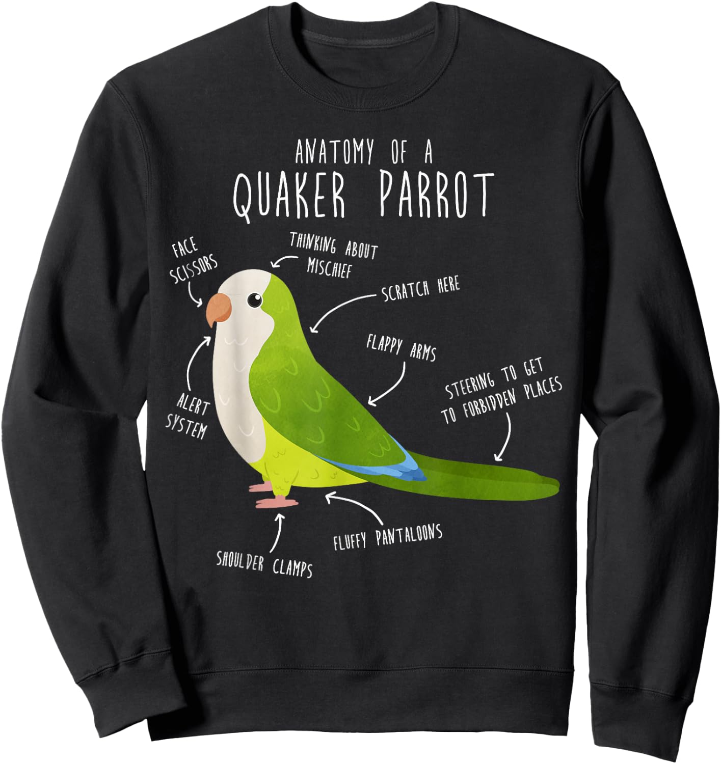 Green Quaker Parrot Anatomy, Cute Funny Pet Monk Bird Lover Sweatshirt - Sweatshirt | Black