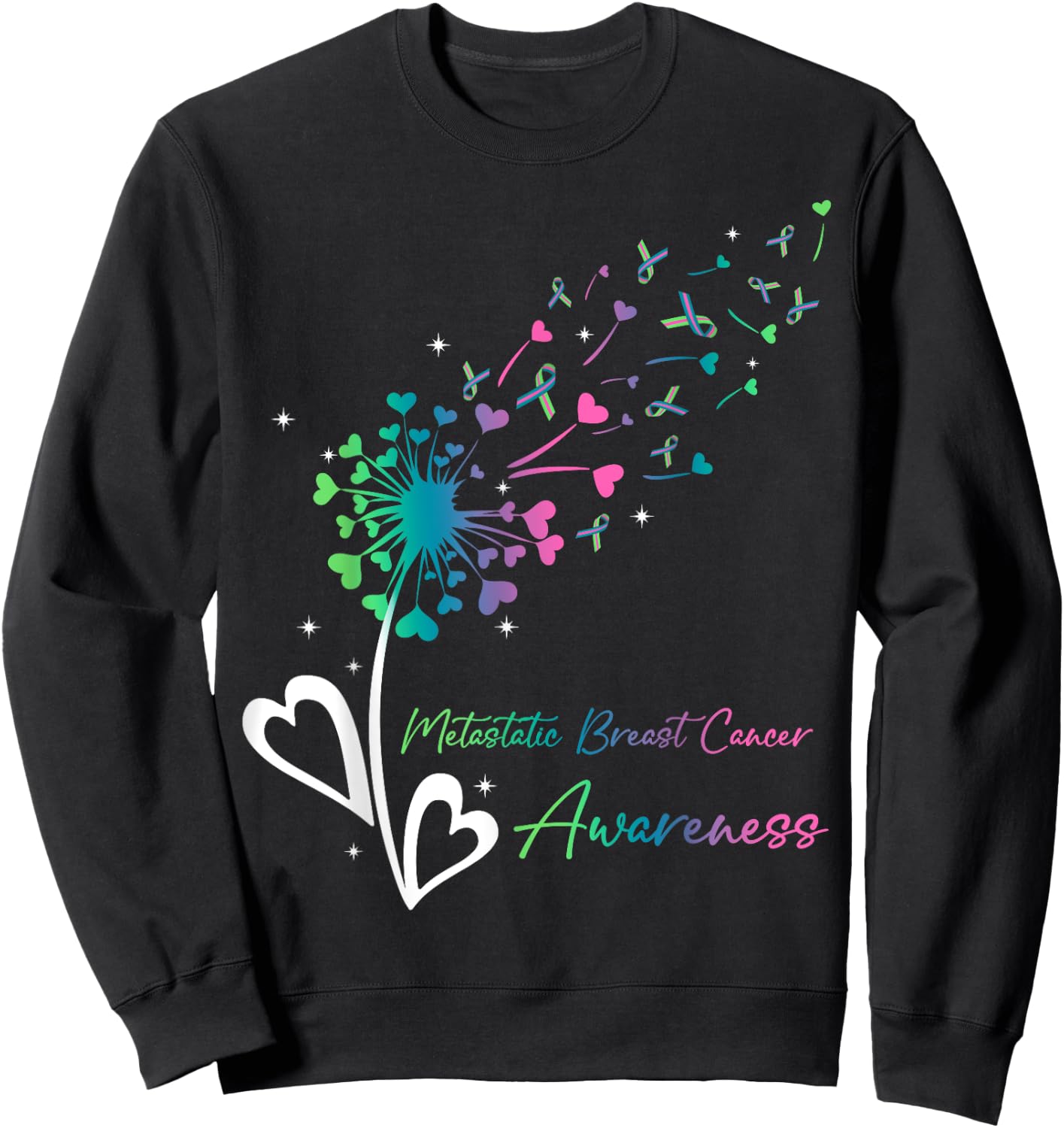 Heart Dandelion Flower Green Teal Pink Ribbons MBC Awareness Sweatshirt - Sweatshirt | Black
