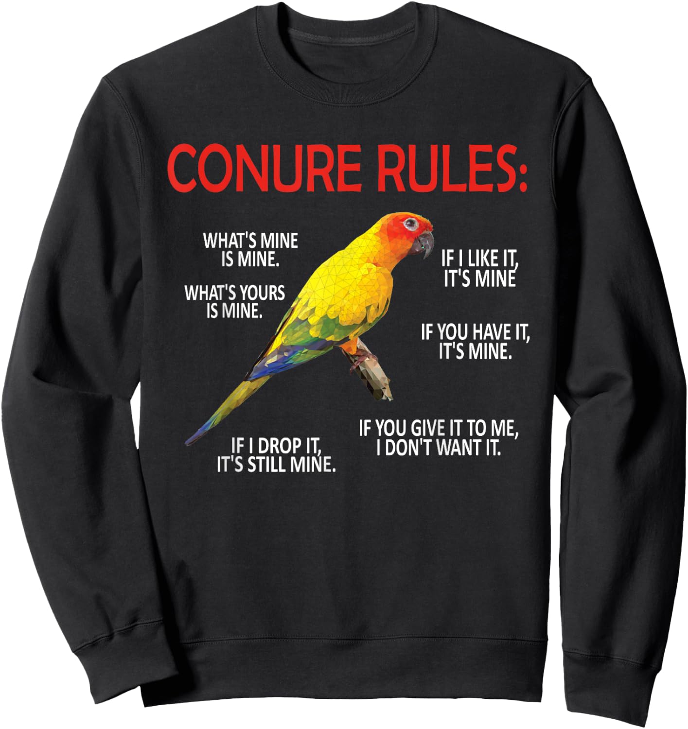 Conure Rules | Conure Owner Bird Sun Conure Parrot Sweatshirt - Sweatshirt | Black