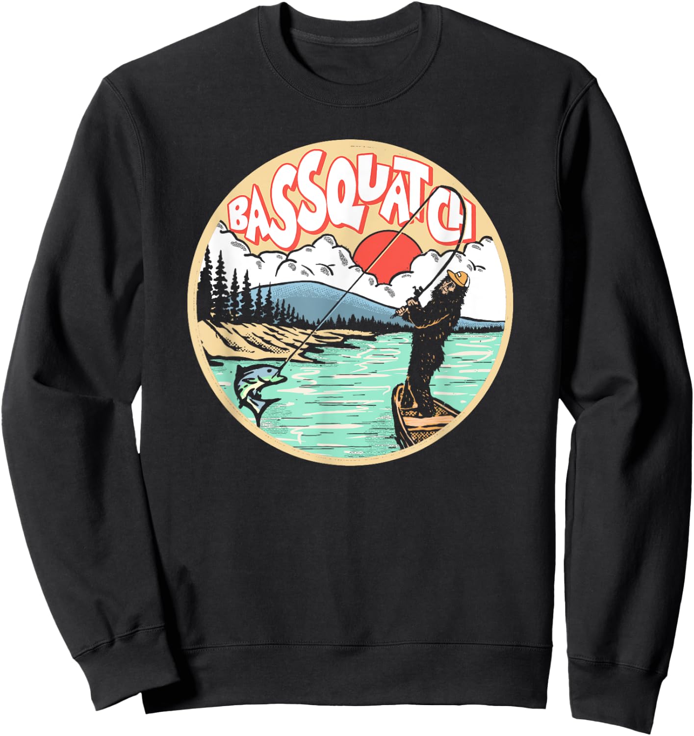 Bassquatch! Funny Bass Fishing Bigfoot on the Lake Sasquatch Sweatshirt - Sweatshirt | Black