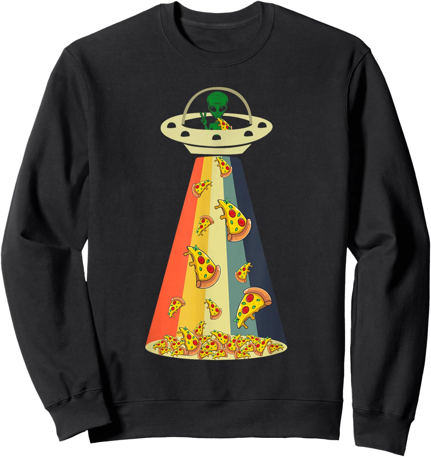 Funny Pizza UFO Alien Eating Pizza a UFO Extraterrestrial Sweatshirt - Sweatshirt | Black