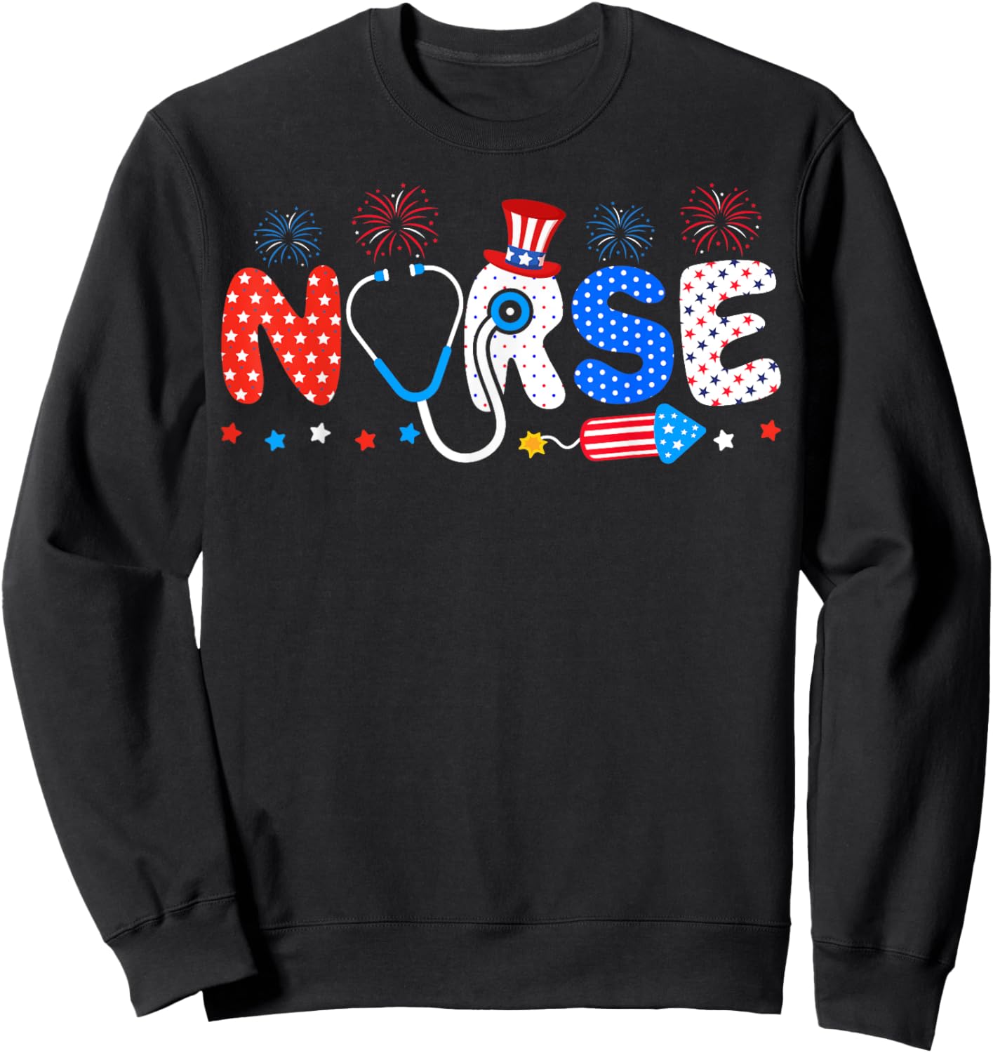 USA Flag 4th Of July Nursing Stethoscope Patriotic Nurse Sweatshirt - Sweatshirt | Black