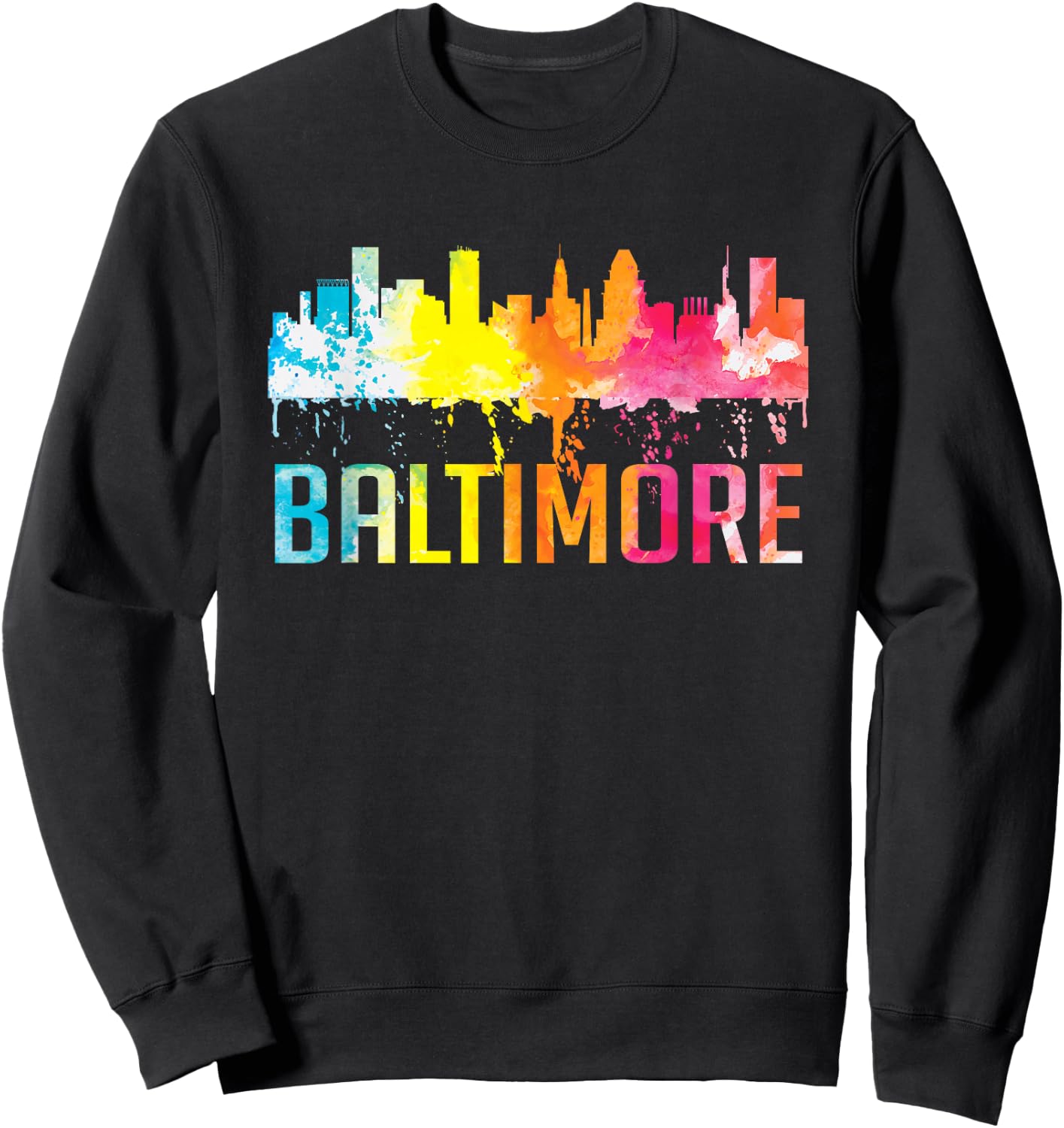 Baltimore Maryland Retro Watercolor Skyline Art Souvenir Sweatshirt - Sweatshirt | Black