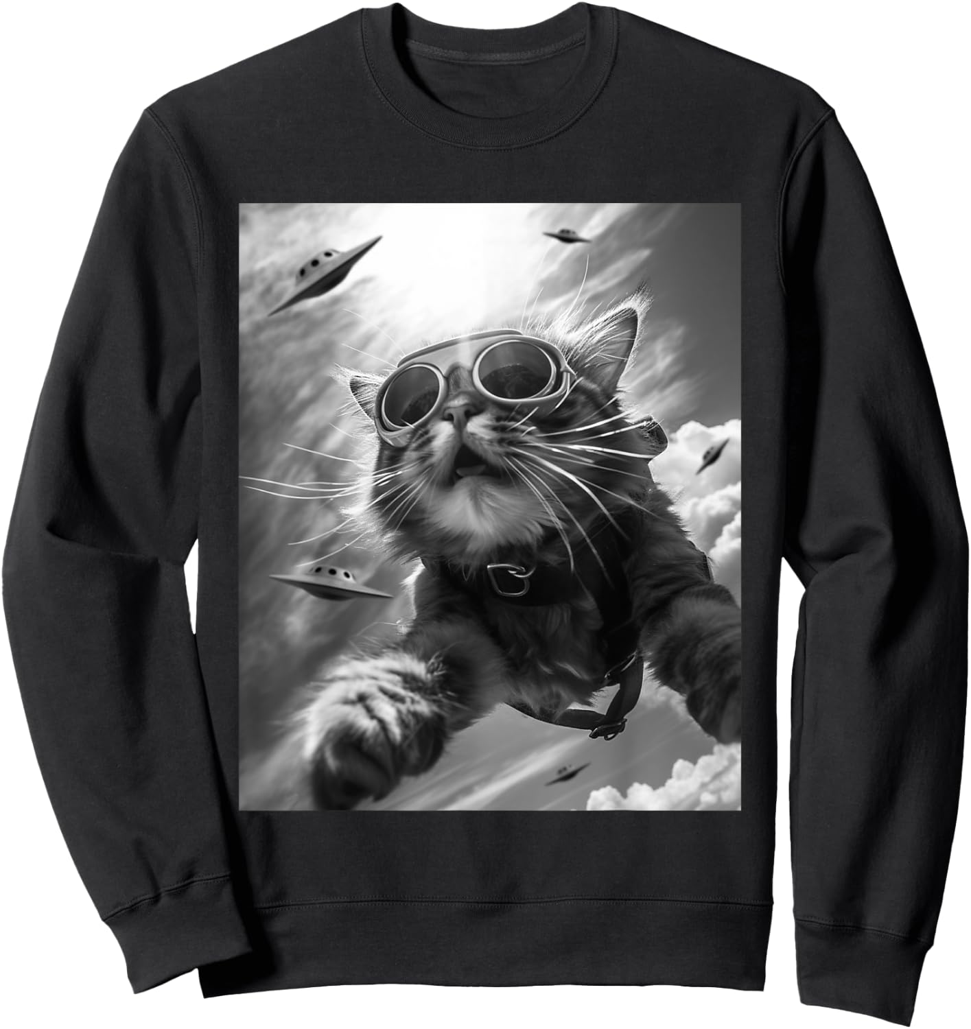 Funny Skydiving Cat Selfie with Alien UFOs Men Women Kids Sweatshirt - Sweatshirt | Black