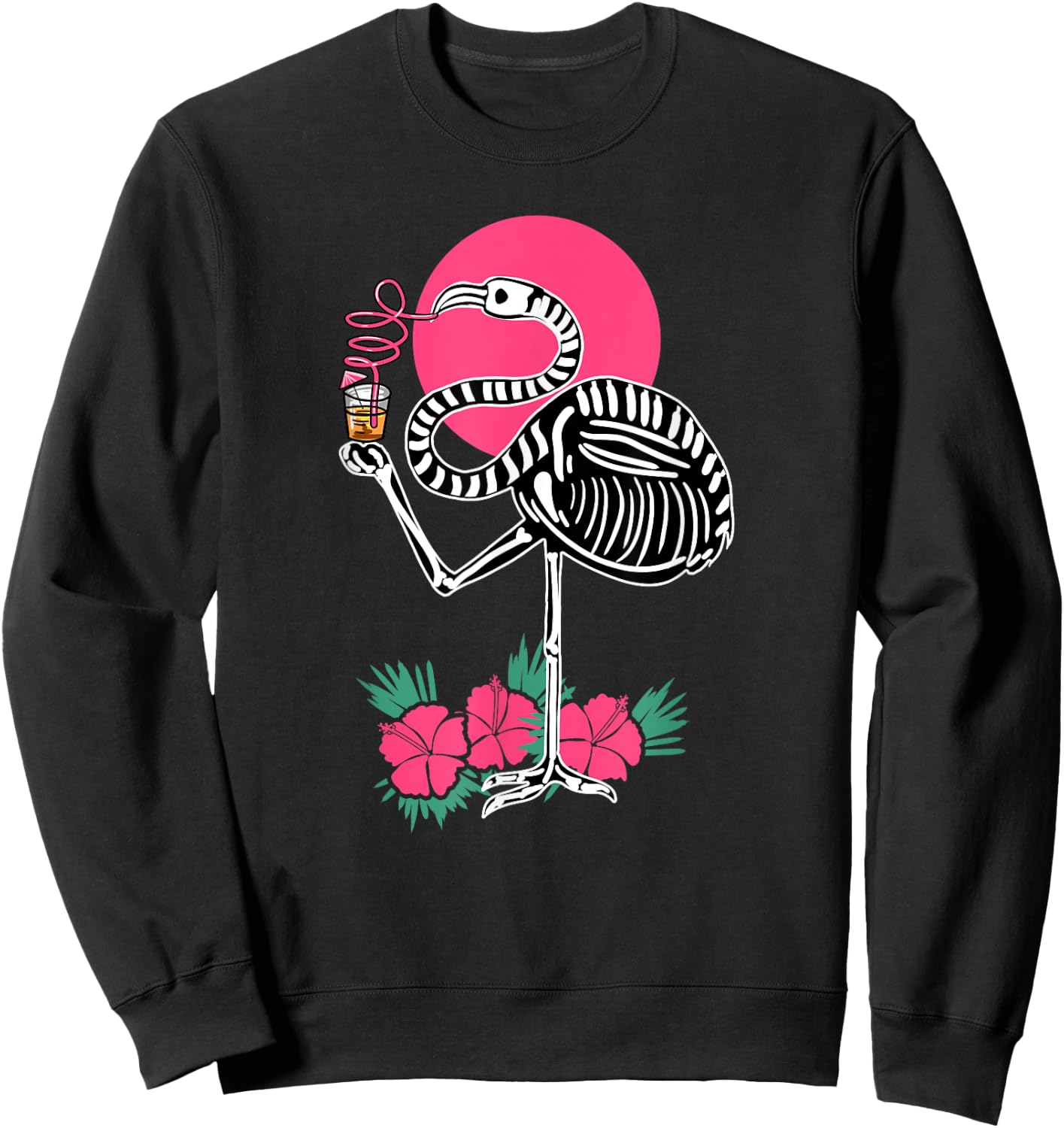 Thirsty Skeleton Flamingo Animal Tropical Bird Halloween Sweatshirt - Sweatshirt | Black