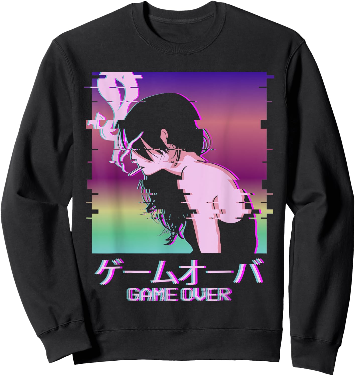 Japanese Vaporwave Sad Anime Girl Game Over Indie Aesthetic Sweatshirt - Sweatshirt | Black
