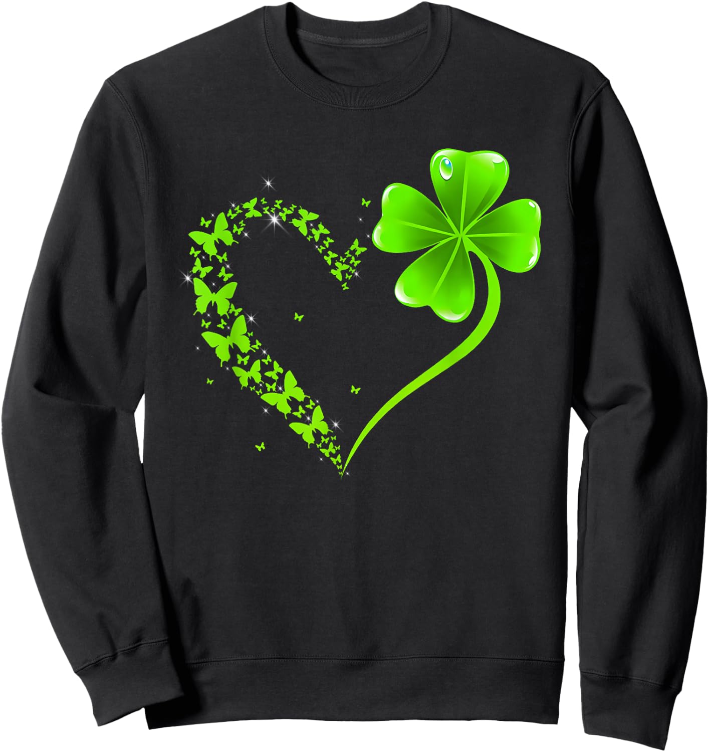 St Patricks Day Green Butterfly Shamrock Heart Women Girls Sweatshirt - Sweatshirt | Black
