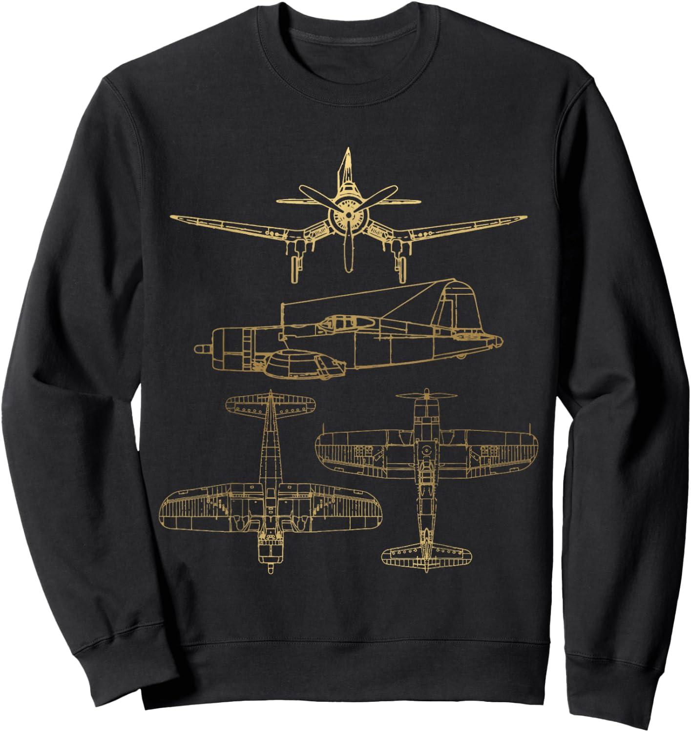 Corsair F4U WW2 Plane Warbird Blueprint Schematics Diagram Sweatshirt - Sweatshirt | Black