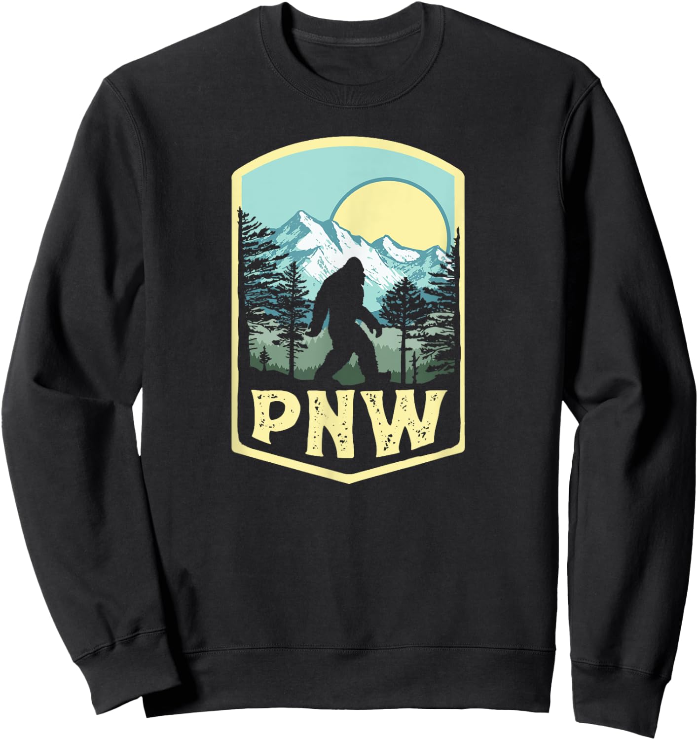 Vintage PNW Bigfoot Outdoor Badge Mountains & Trees Sweatshirt - Sweatshirt | Black