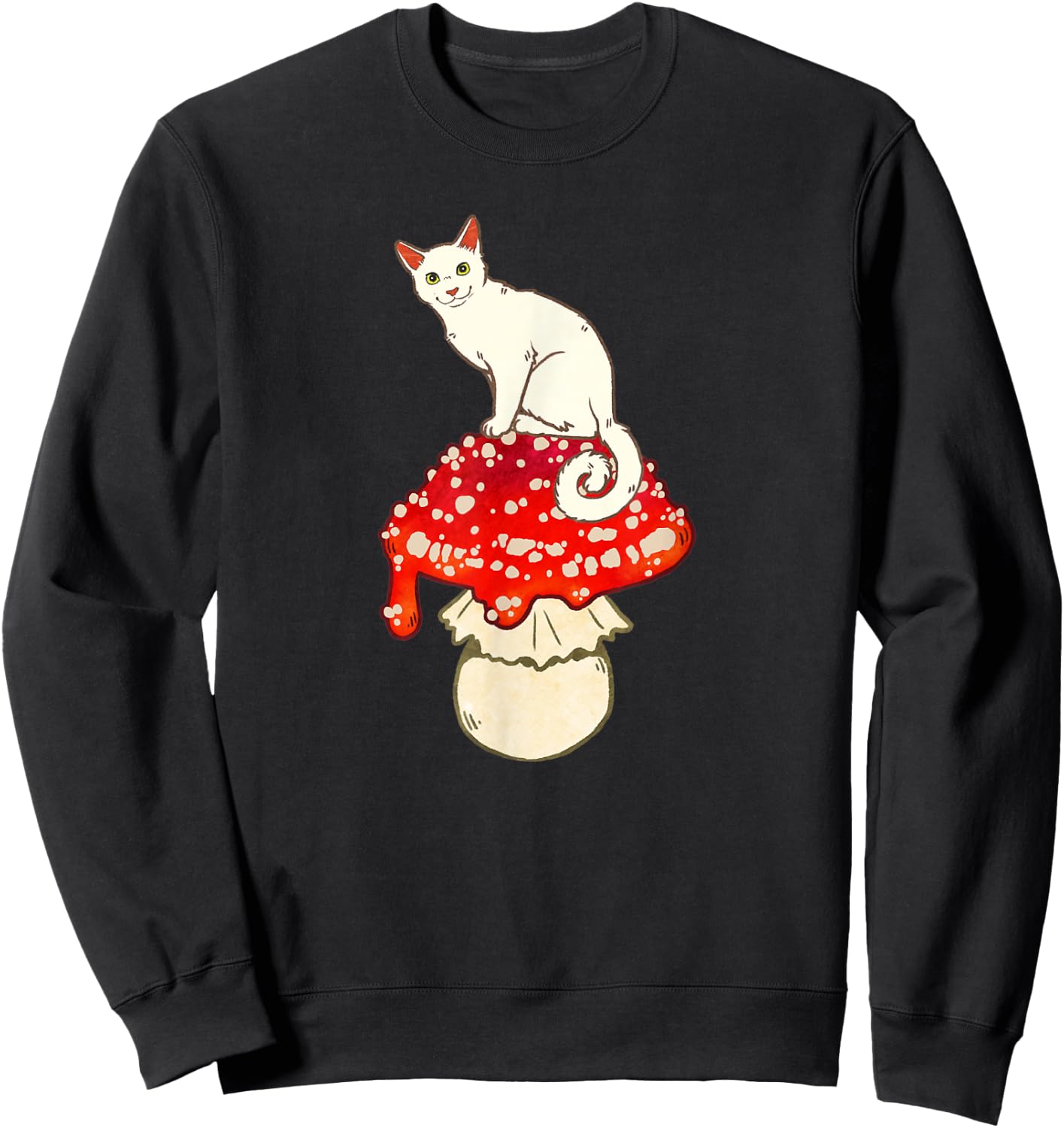 Cute White Cat Sitting on Red Spotted Mushroom Sweatshirt - Sweatshirt | Black