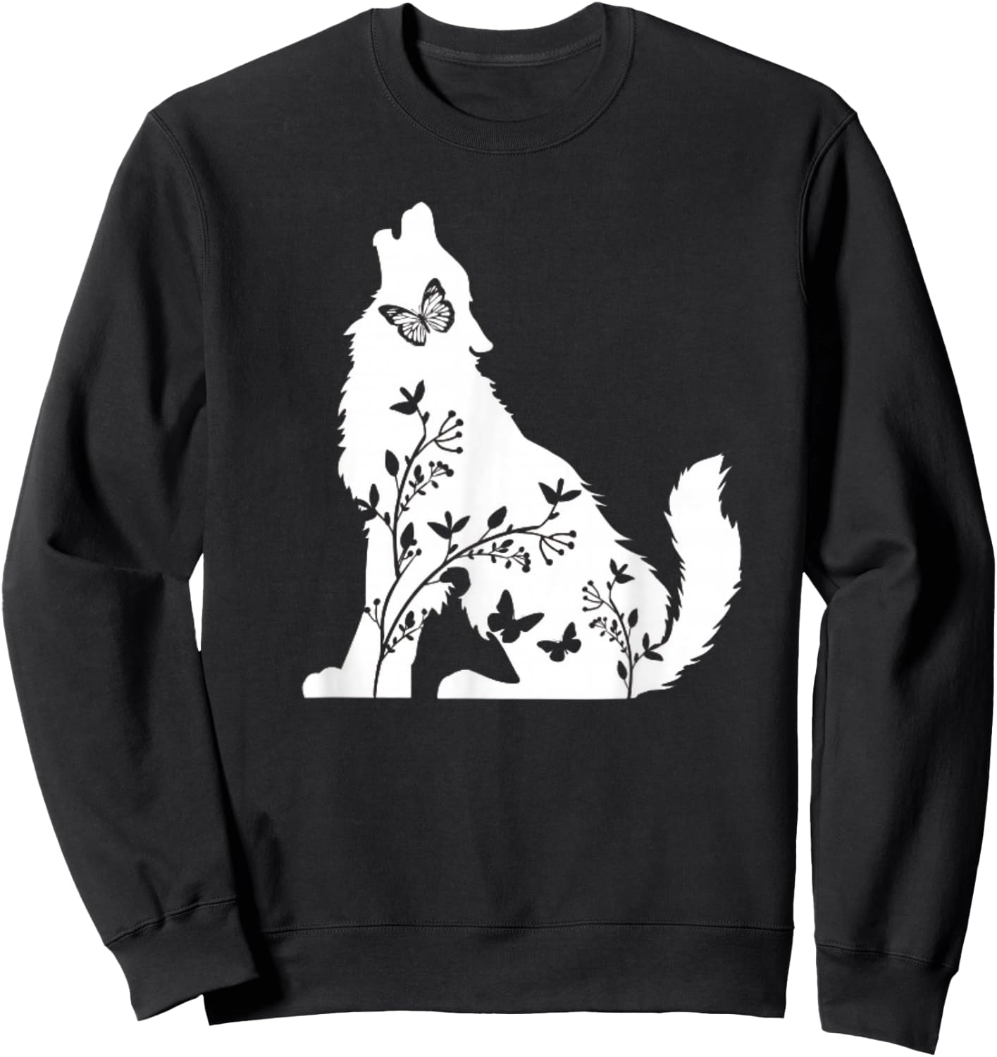Wolf and Butterflies Cute Graphic Wolves Women Girls Sweatshirt - Sweatshirt | Black