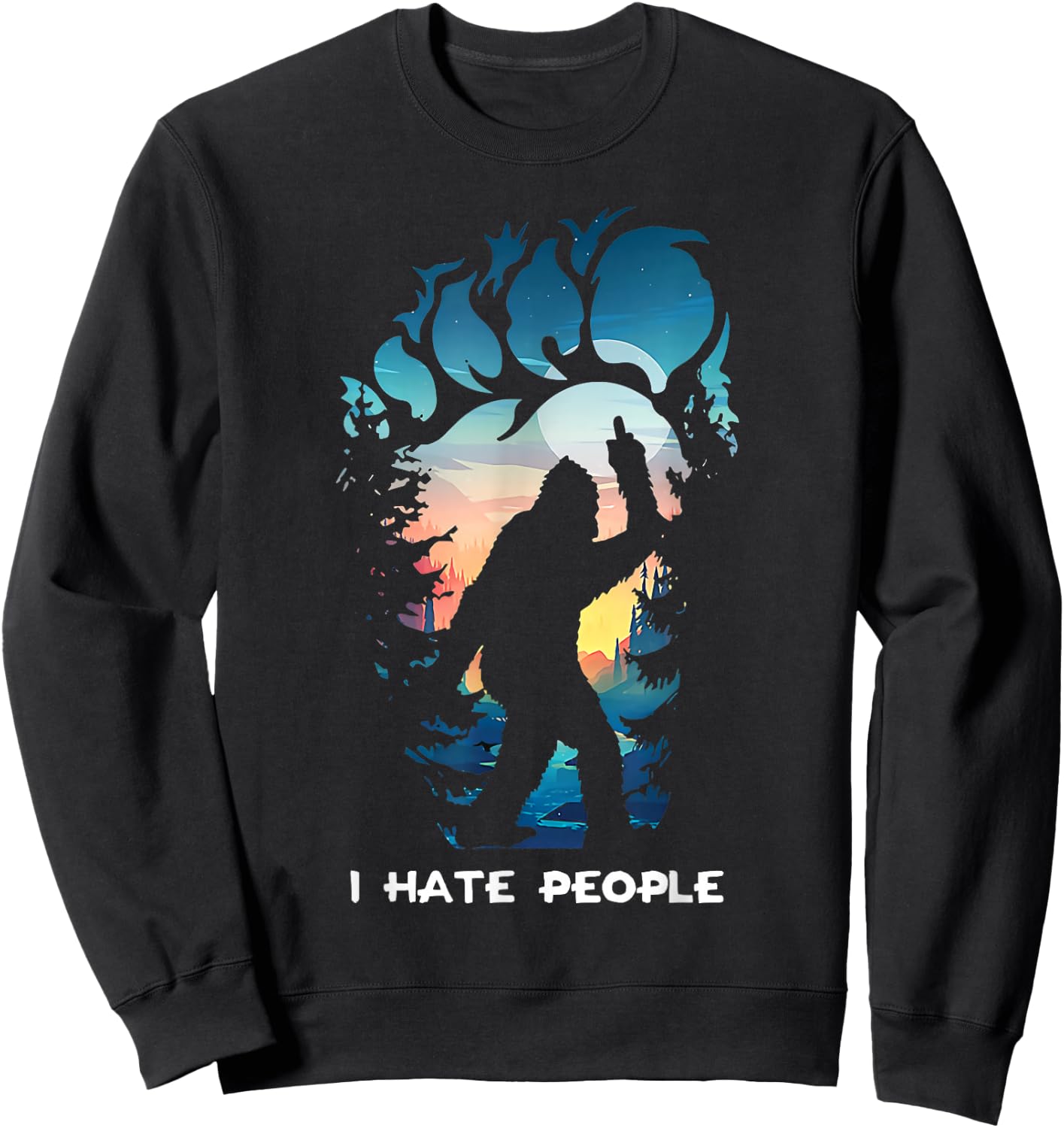 Alien Bigfoot Middle Finger I Hate People Abduction Colorful Sweatshirt - Sweatshirt | Black