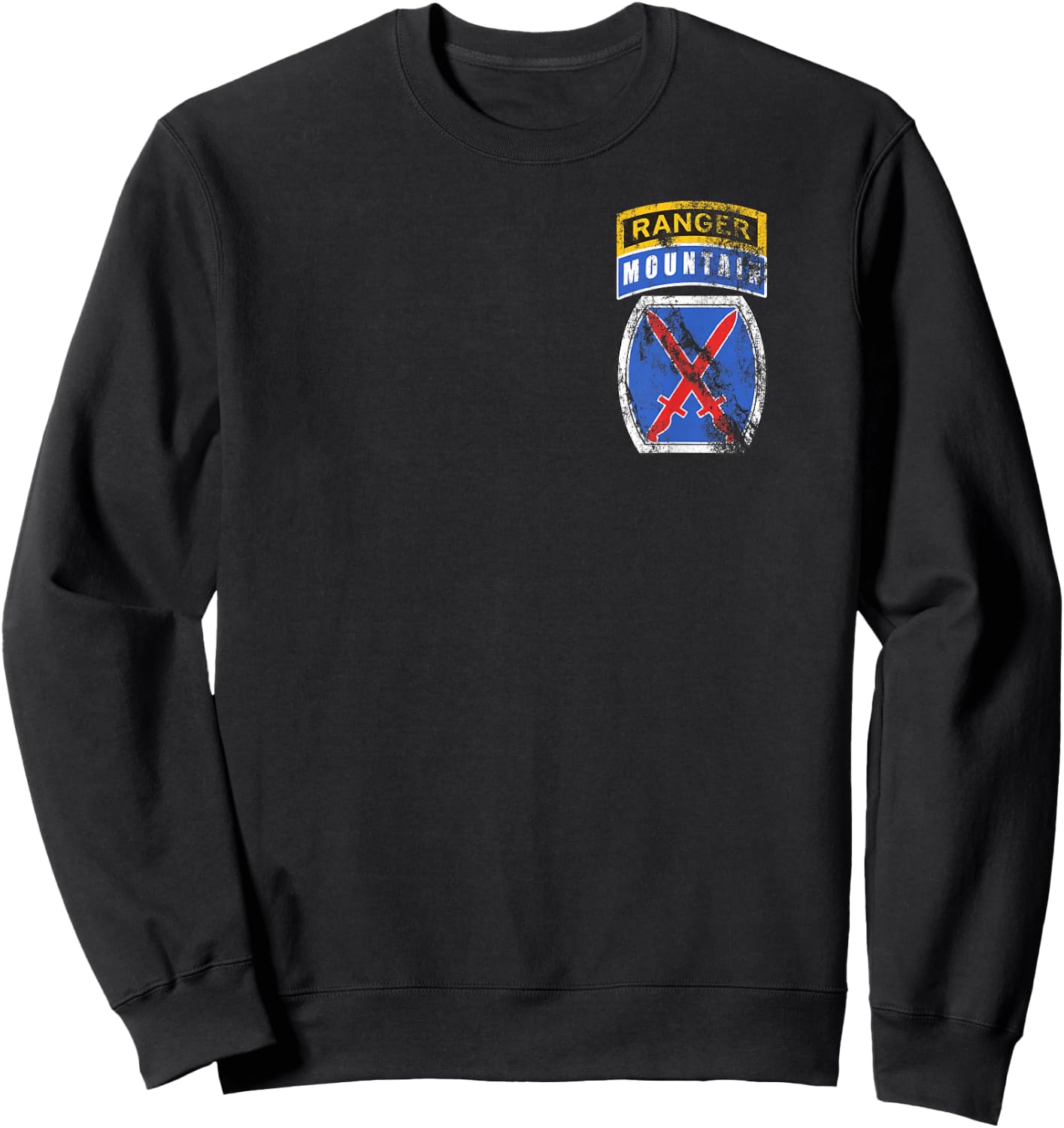 10th Mountain MTN Division Patch with Ranger Tab Distressed Sweatshirt - Sweatshirt | Black