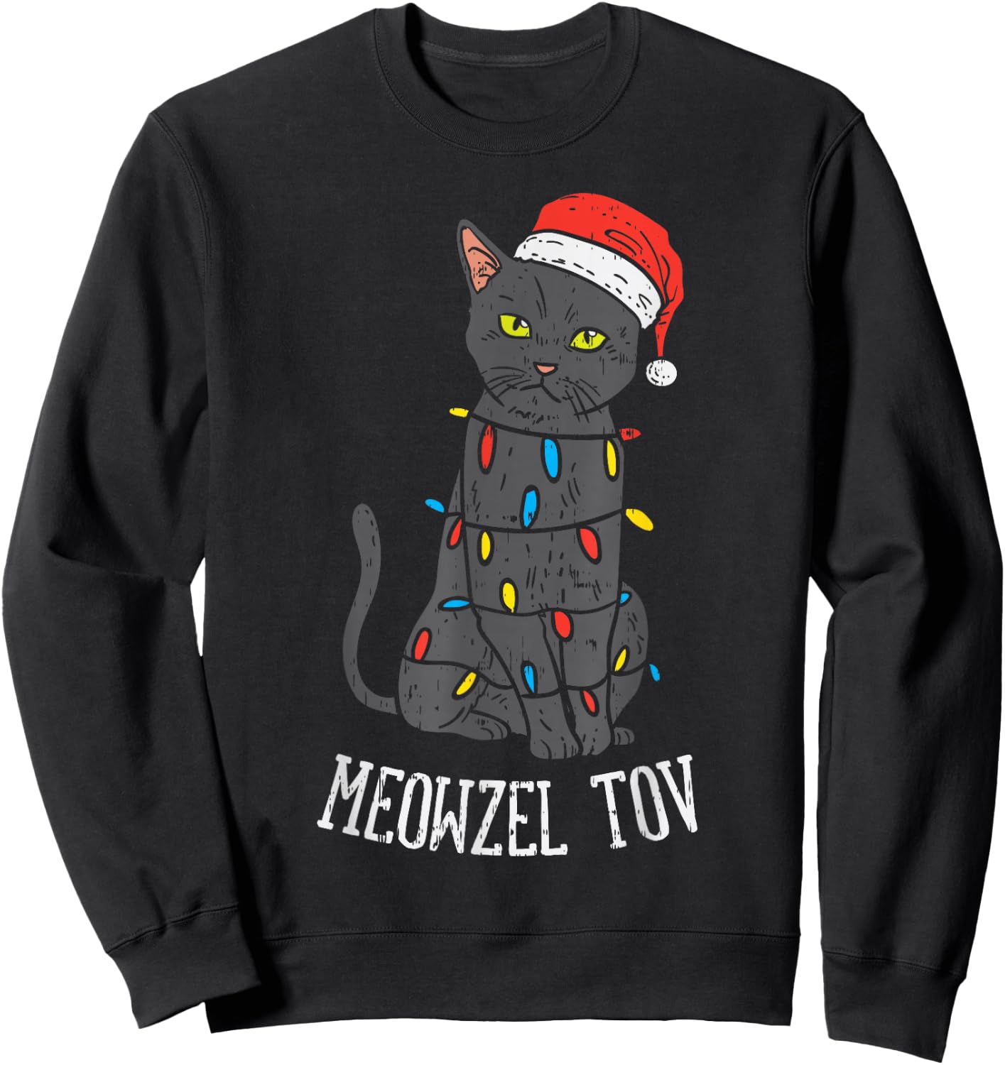 Meowzel Tov Hanukkah Black Cat Christmas Lights Pet Gift Sweatshirt - Sweatshirt | Black