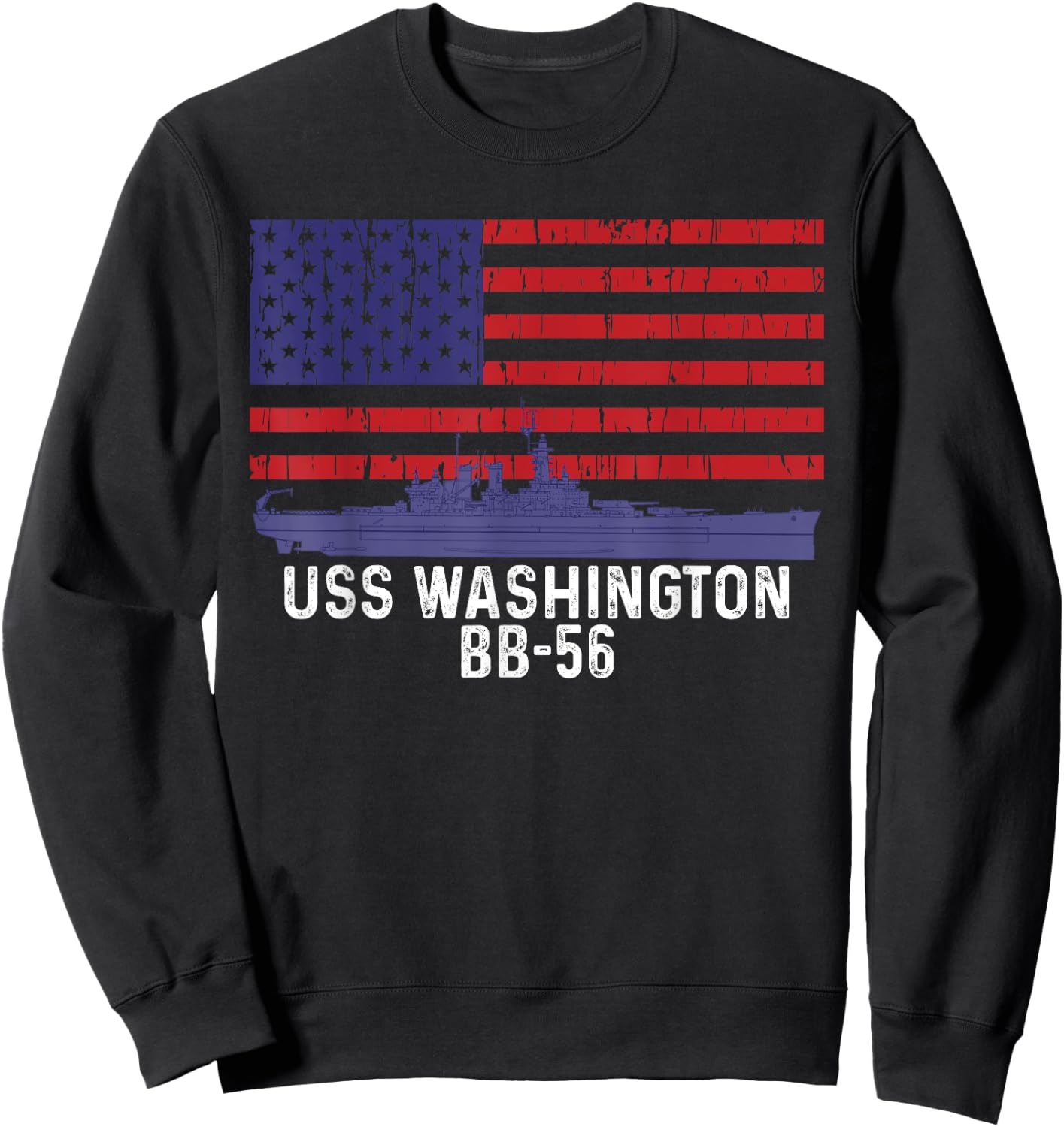 USS Washington BB-56 Battleship Vintage American Flag Sweatshirt - Sweatshirt | Black