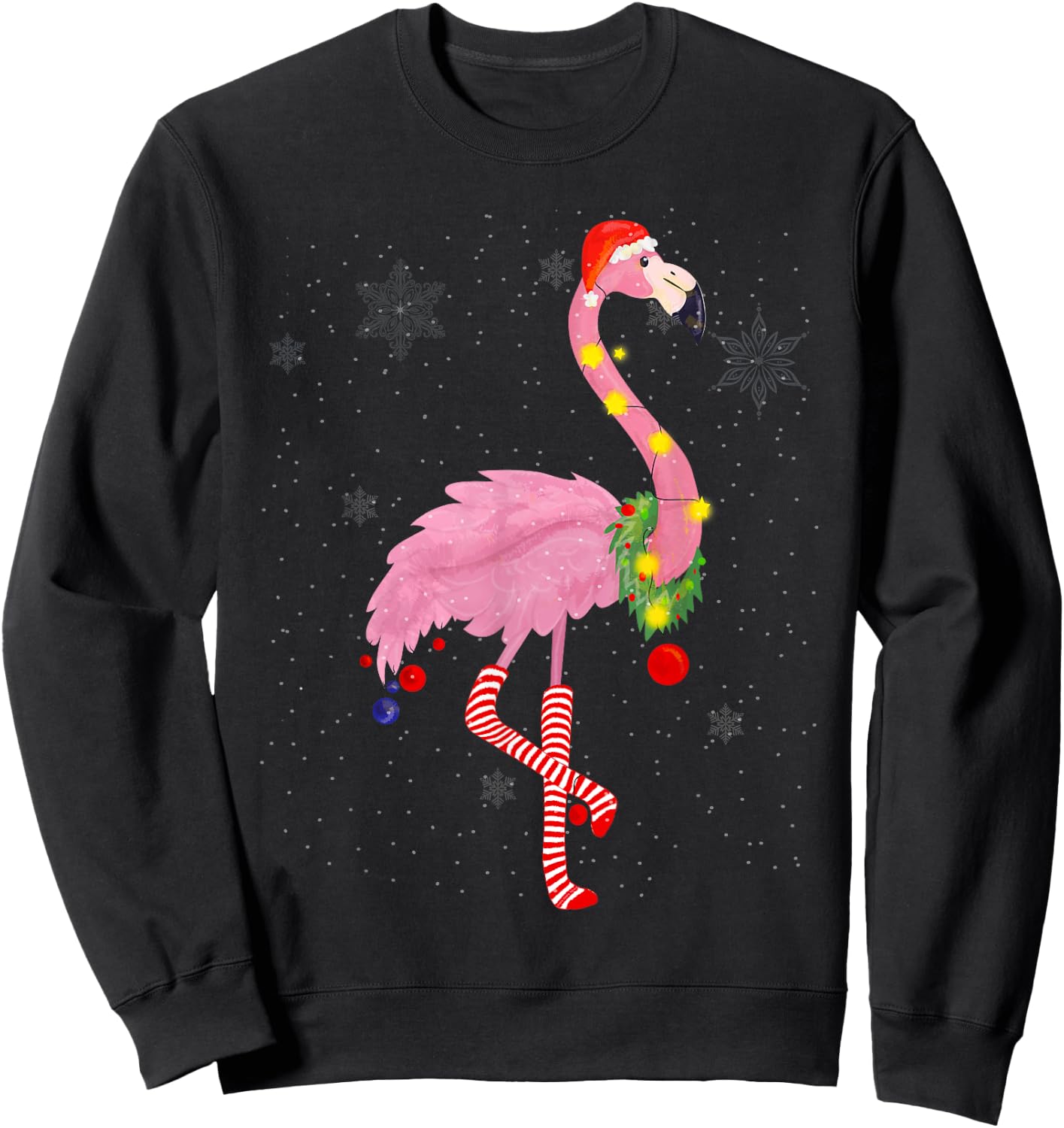 Cute Pink Flamingo with Snow, Lights and Santa Hat Christmas Sweatshirt - Sweatshirt | Black
