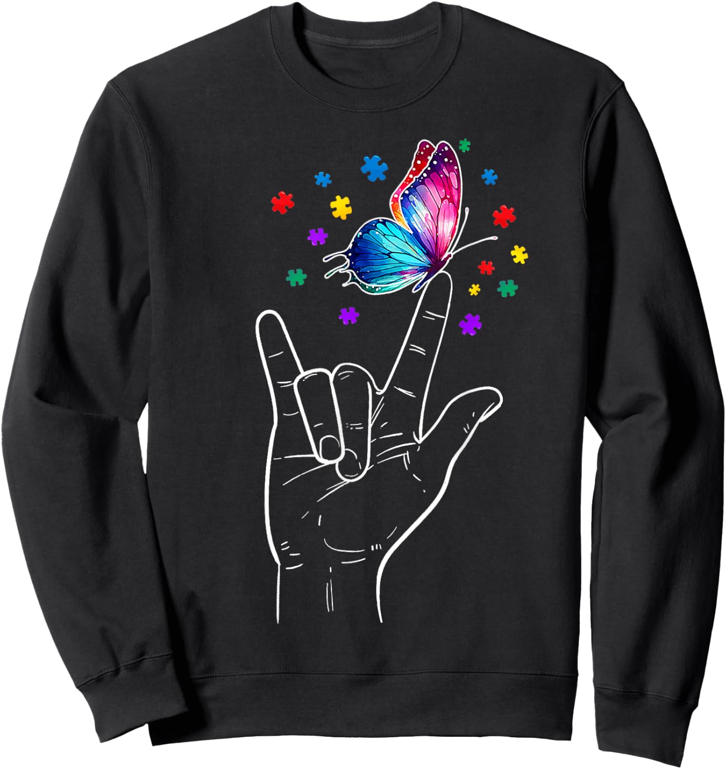 I Love You Hand Sign Language Butterfly Autism Awareness Sweatshirt - Sweatshirt | Black