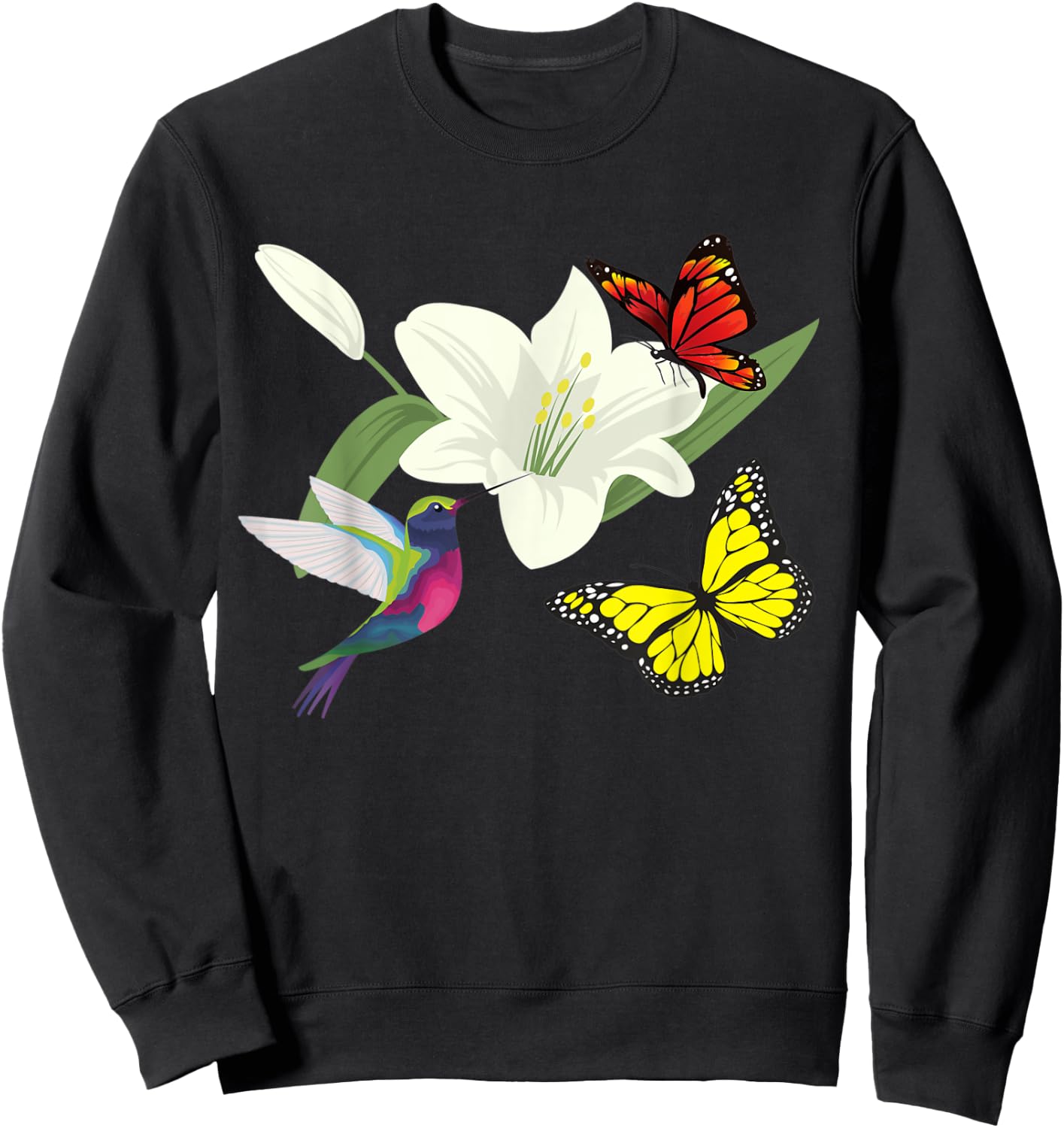 Hummingbird and butterflies in a flower Sweatshirt - Sweatshirt | Black