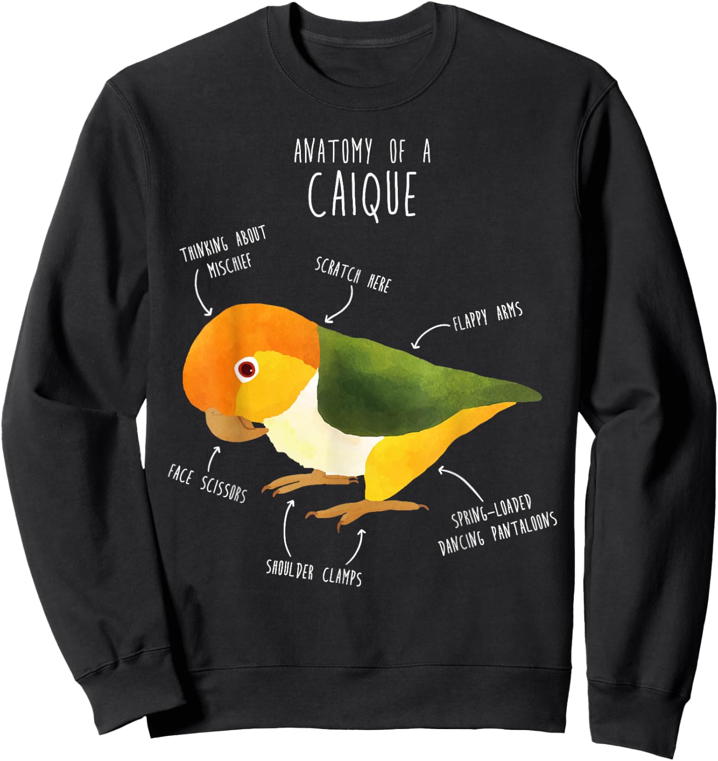 Cool Bird Gifts Anatomy of a White-Bellied Caique, Cute Funny Bird Parrot Sweatshirt - Sweatshirt | Black