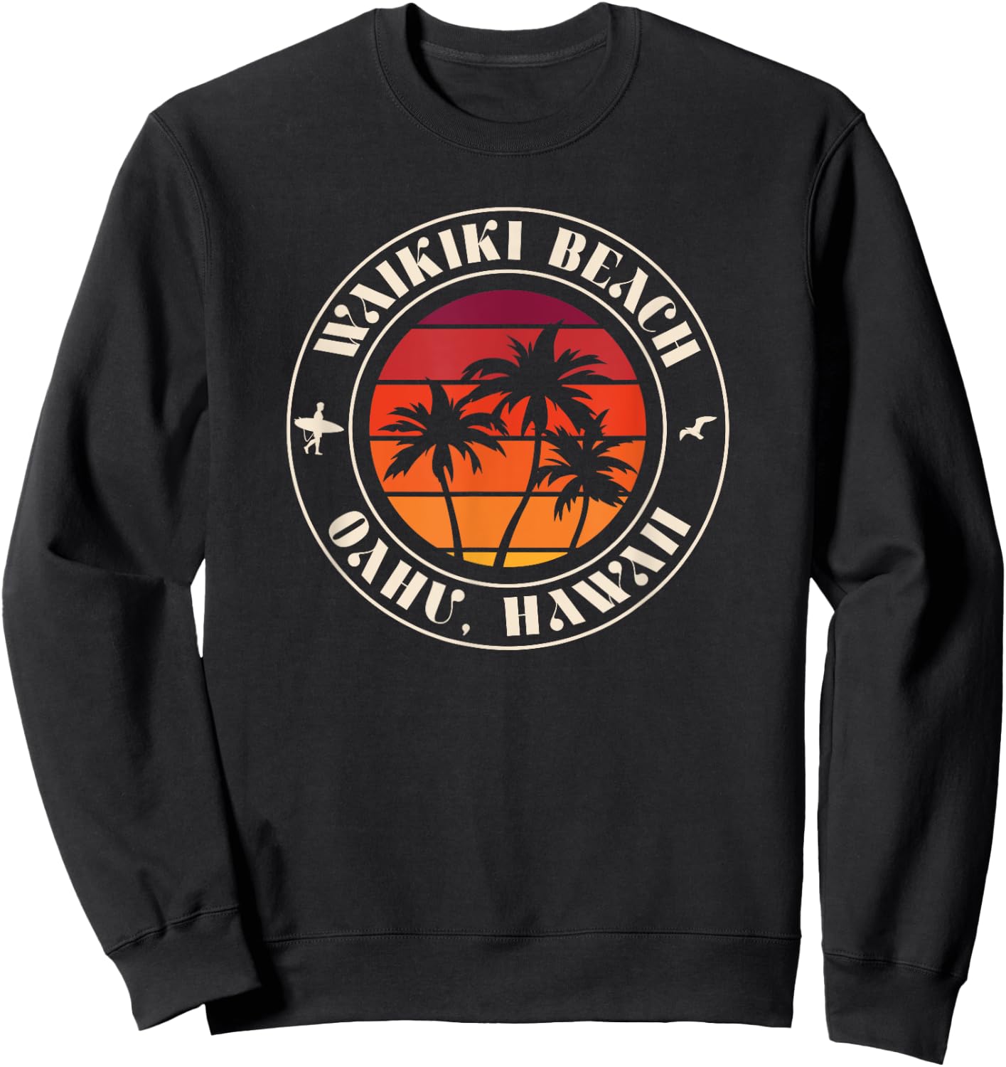 Hawaii Oahu Sunset Surfer and Seagull Waikiki Beach Women Kids Sweatshirt - Sweatshirt | Black