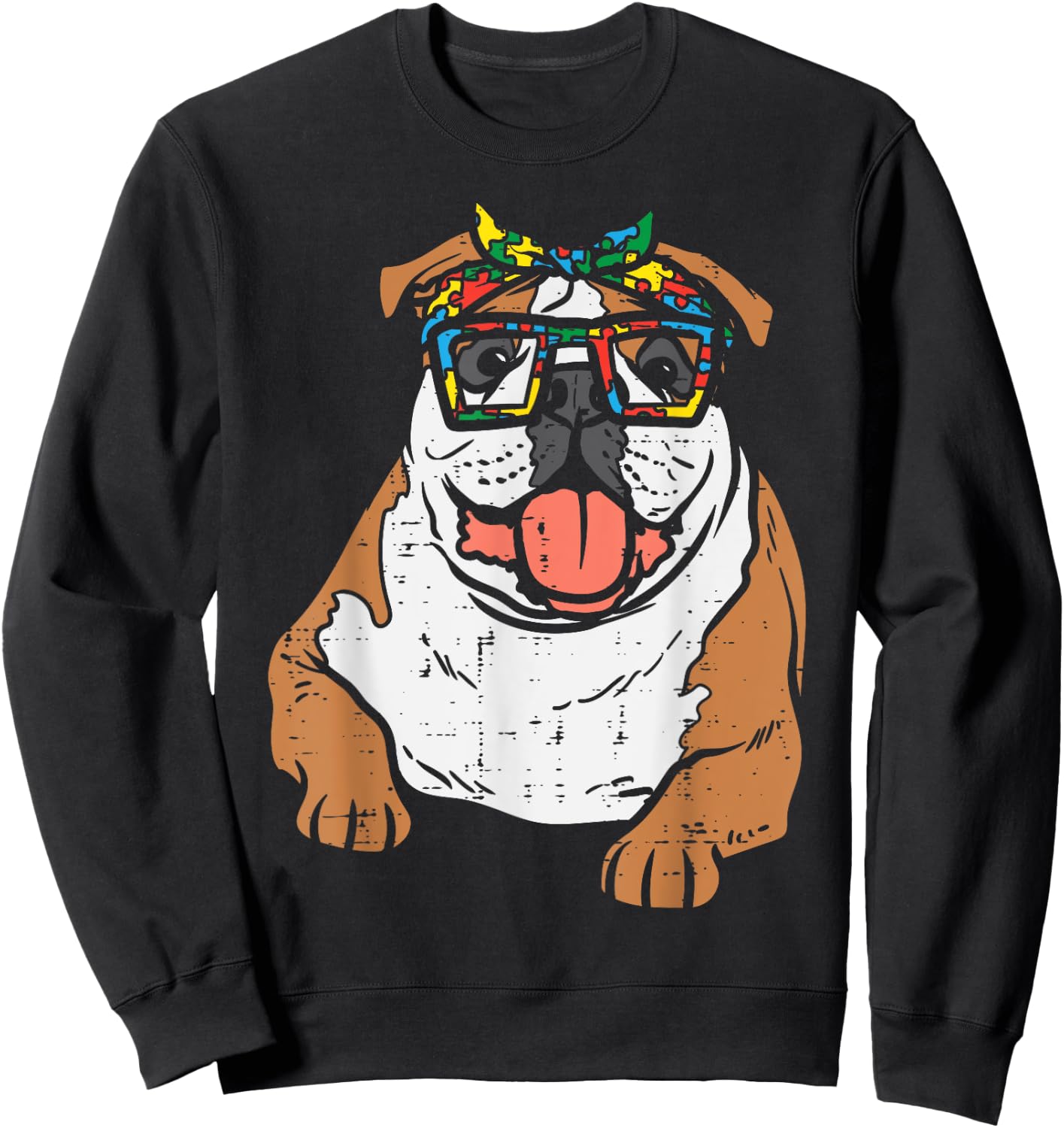 English Bulldog Puzzle Bandana Glasses Autism Awareness Dog Sweatshirt - Sweatshirt | Black