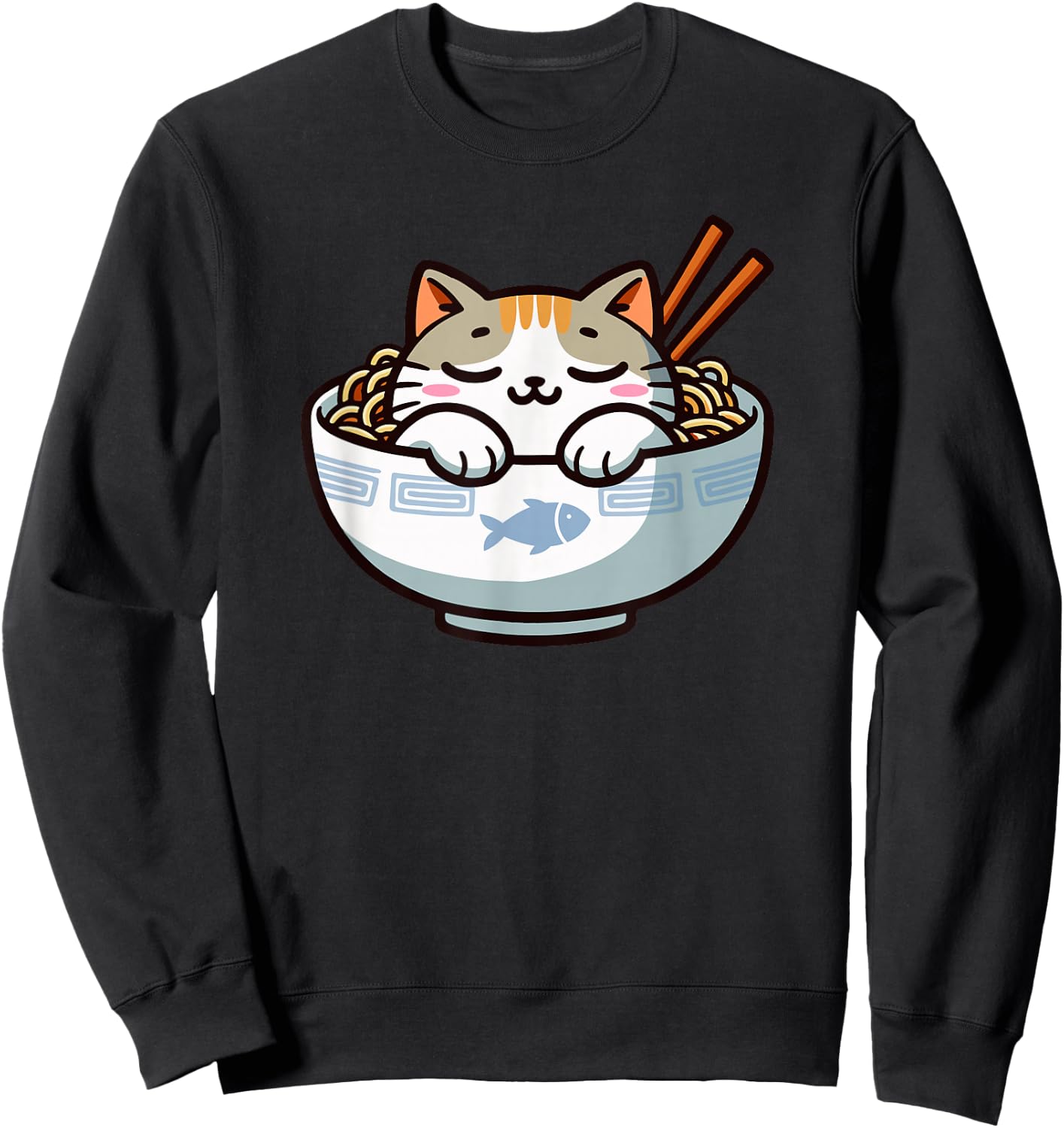 Cute Anime Merch Cat Design Japanese Ramen Noodle Clothes Sweatshirt - Sweatshirt | Black