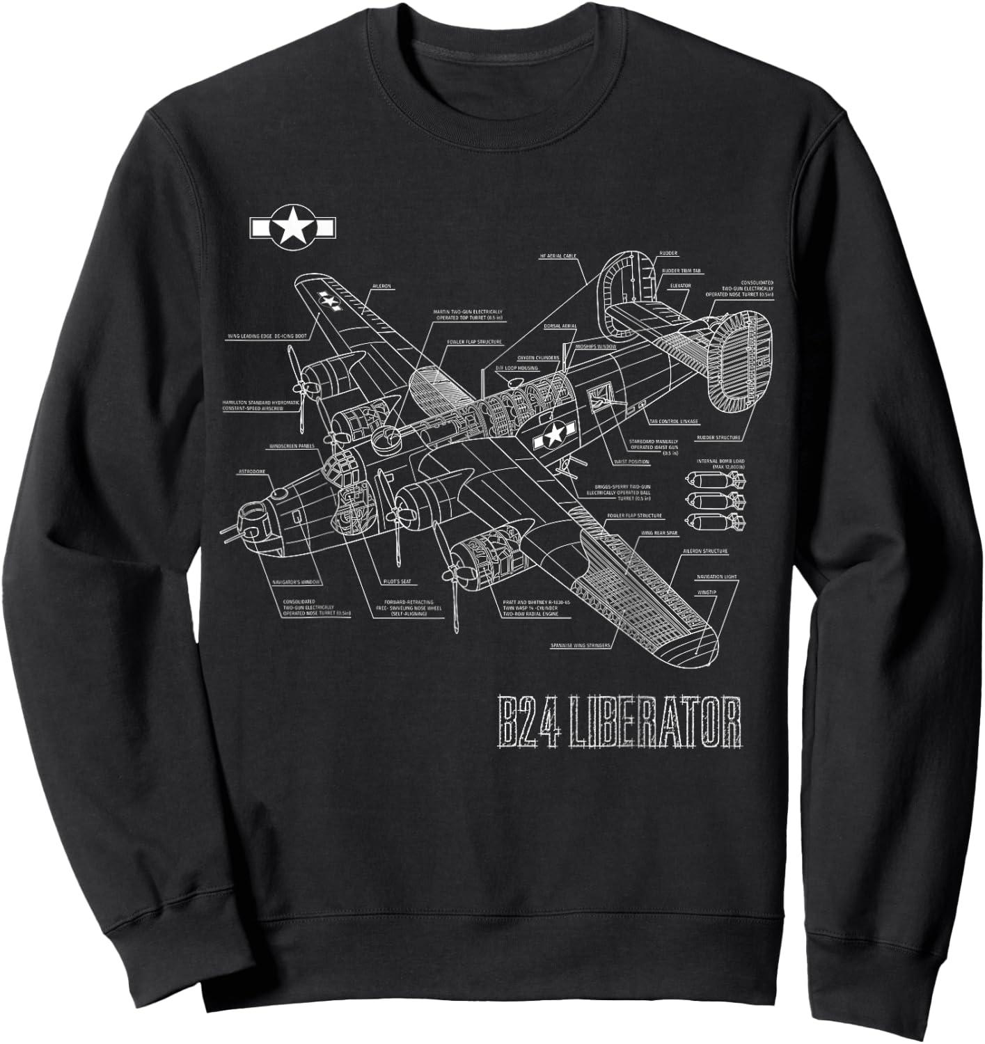 World War 2 Aircraft Blueprint WWII B24 Liberator Bomber Sweatshirt - Sweatshirt | Black