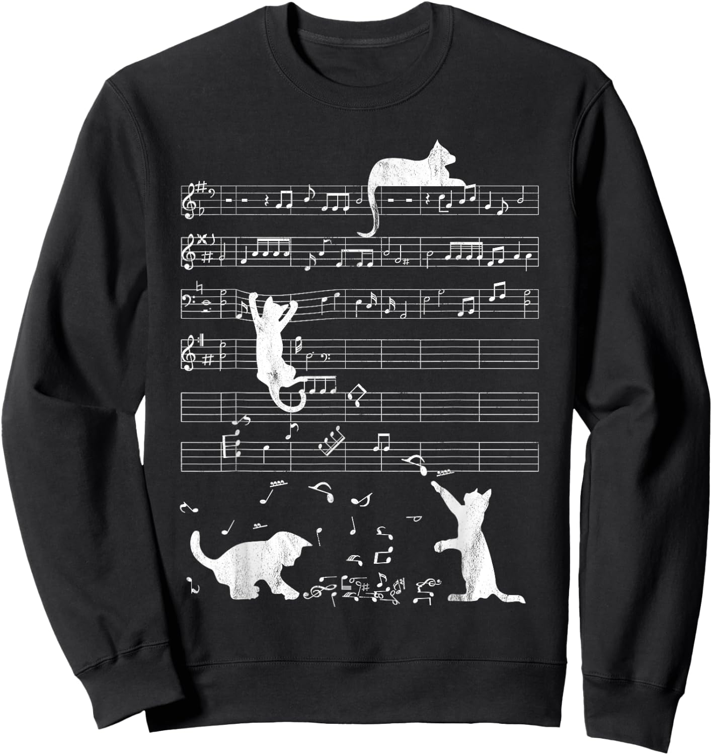 Cute Cat Distressed Music Notes Kitty Piano Musician Women Kids Sweatshirt - Sweatshirt | Black