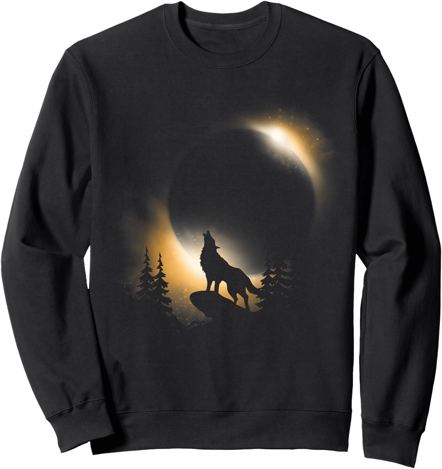 Wolf, Moon and Sun Wolf With Total Solar Eclipse Sweatshirt - Sweatshirt | Black