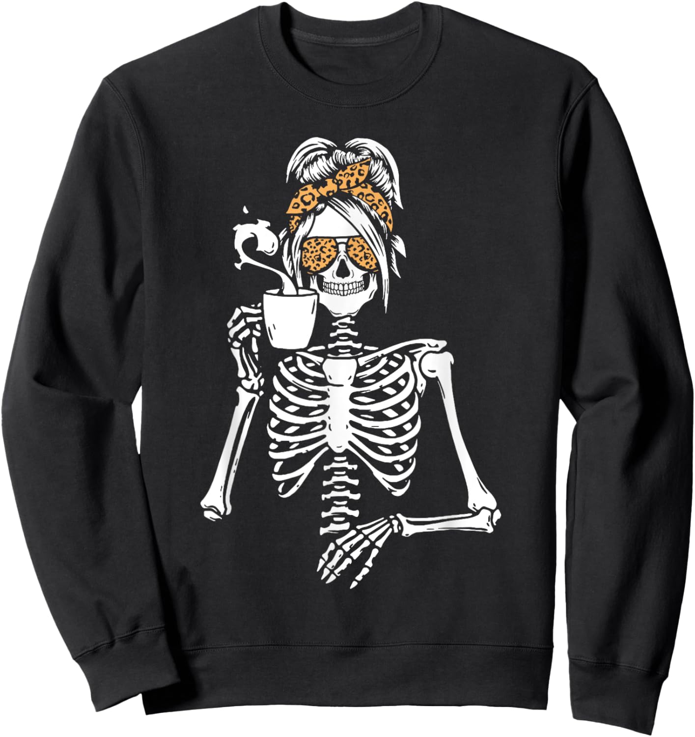 Skeleton Messy Bun Coffee Drinking Halloween Costume Women Sweatshirt - Sweatshirt | Black