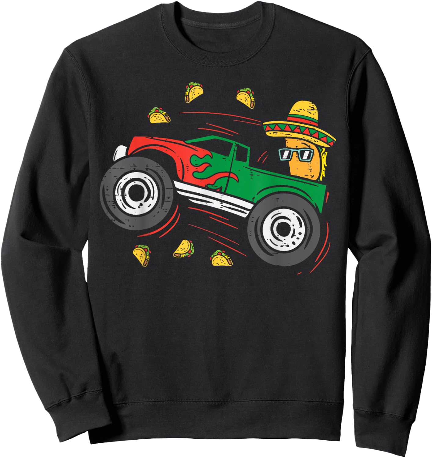 Tacos Riding Mexican Monster Truck Cinco De Mayo Kids Boys Sweatshirt - Sweatshirt | Black