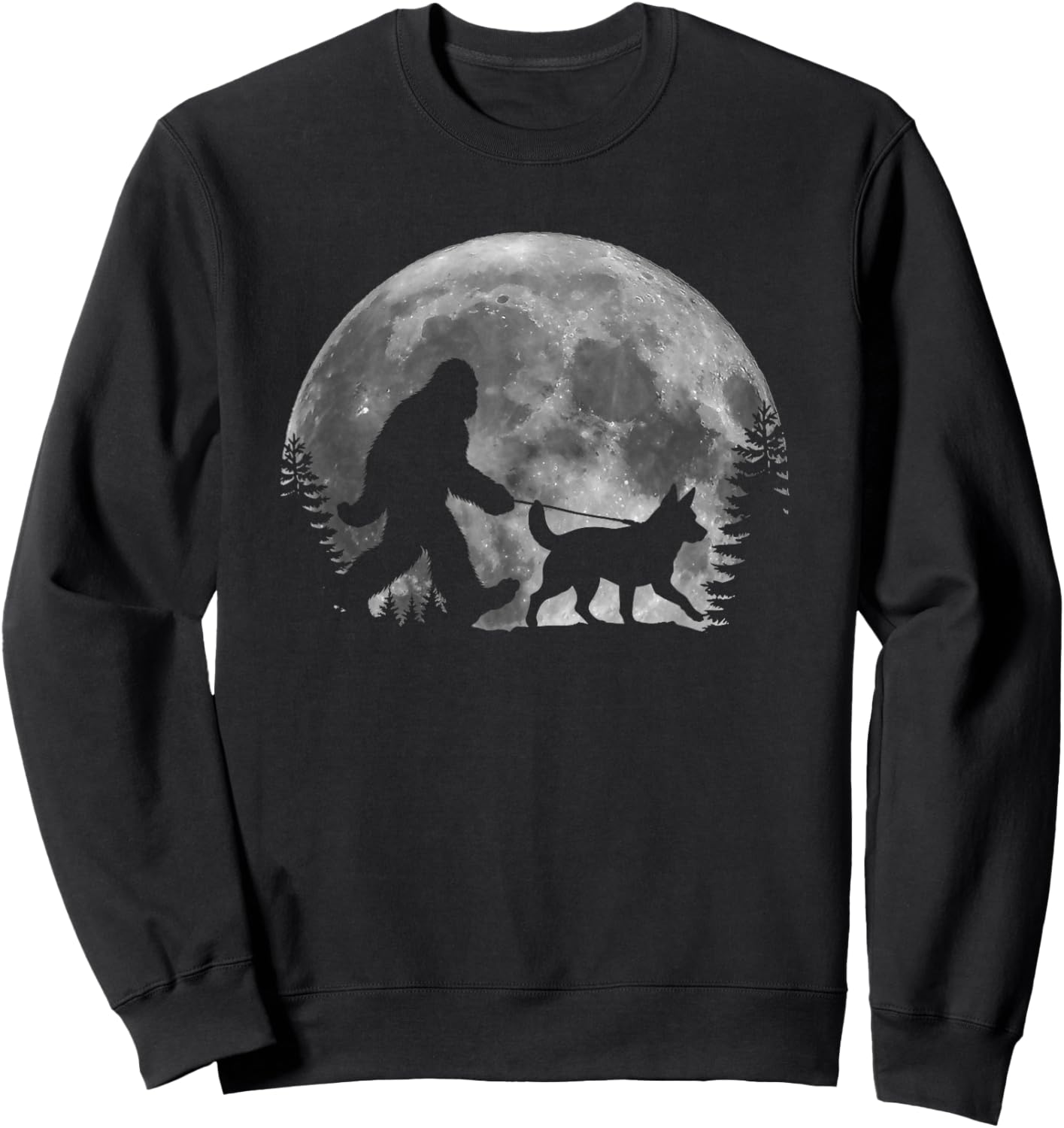 Bigfoot Walking a Dog Funny Heeler Lovers Moon Halloween Sweatshirt - Sweatshirt | Black
