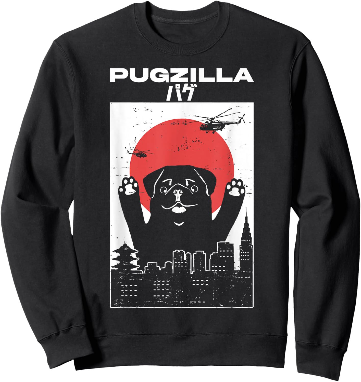 PUGZILLA - Funny Pug Anime in Tokyo and Helicopters Sweatshirt - Sweatshirt | Black